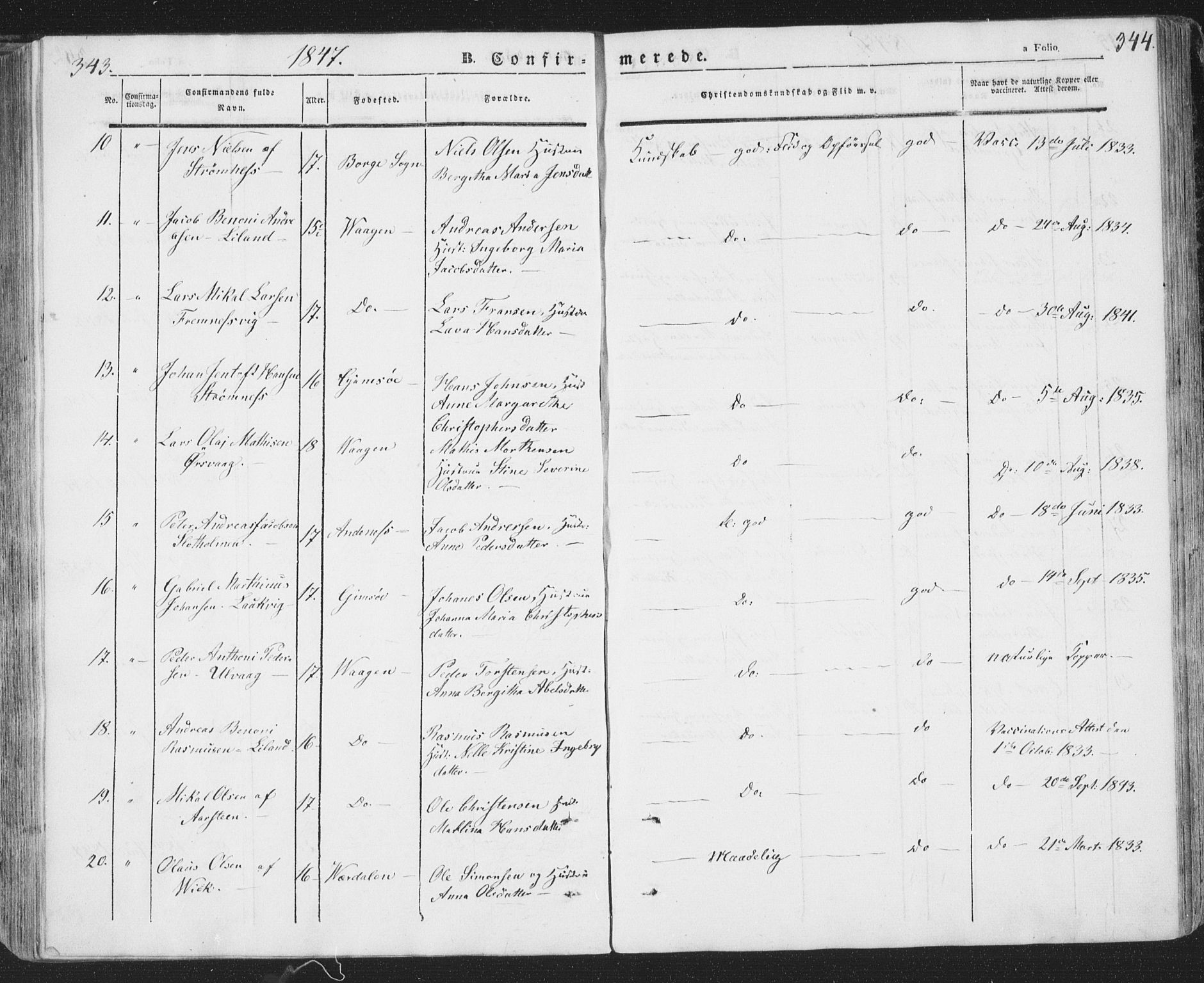 Ministerialprotokoller, klokkerbøker og fødselsregistre - Nordland, AV/SAT-A-1459/874/L1072: Parish register (copy) no. 874C01, 1843-1859, p. 343-344