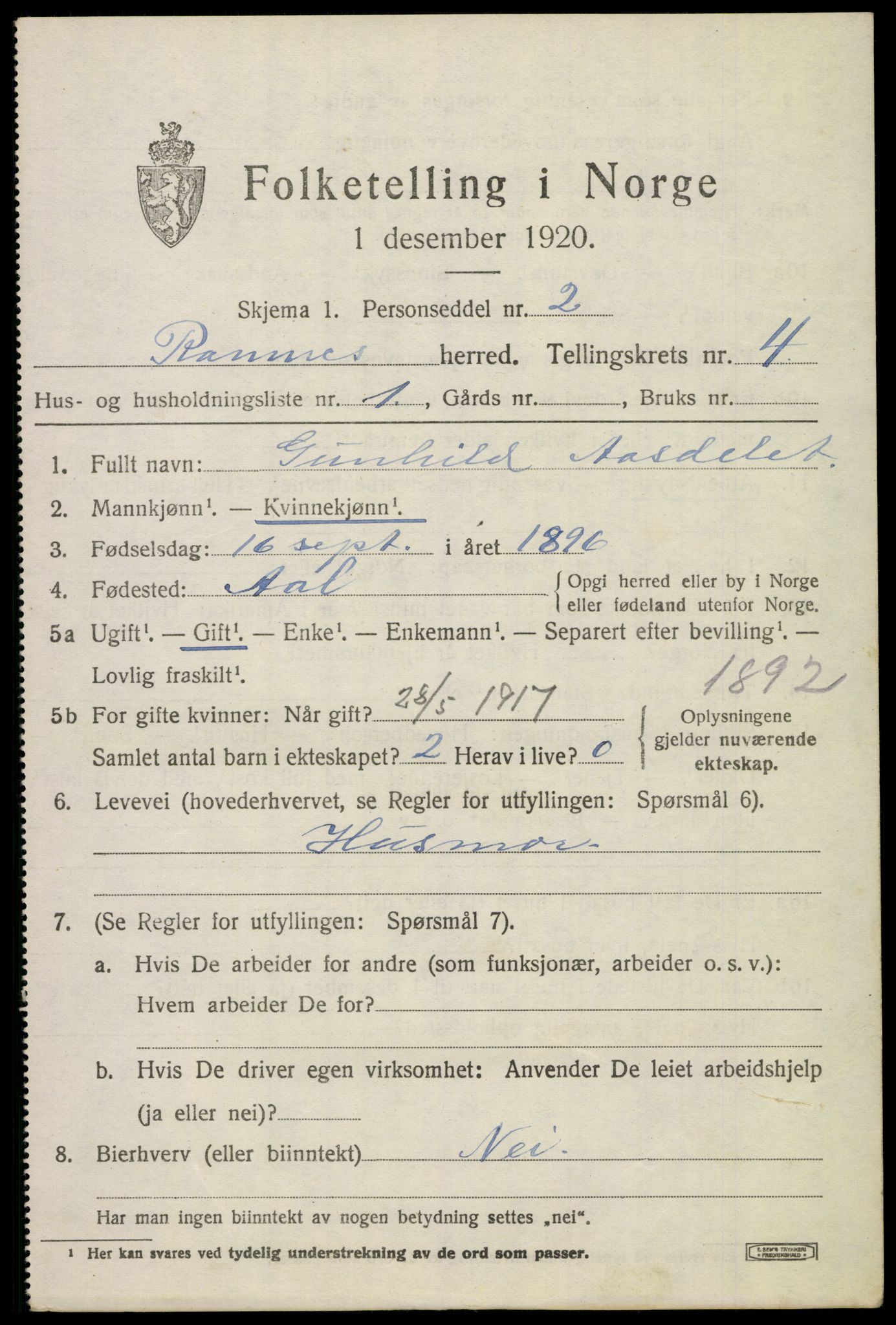 SAKO, 1920 census for Ramnes, 1920, p. 4330