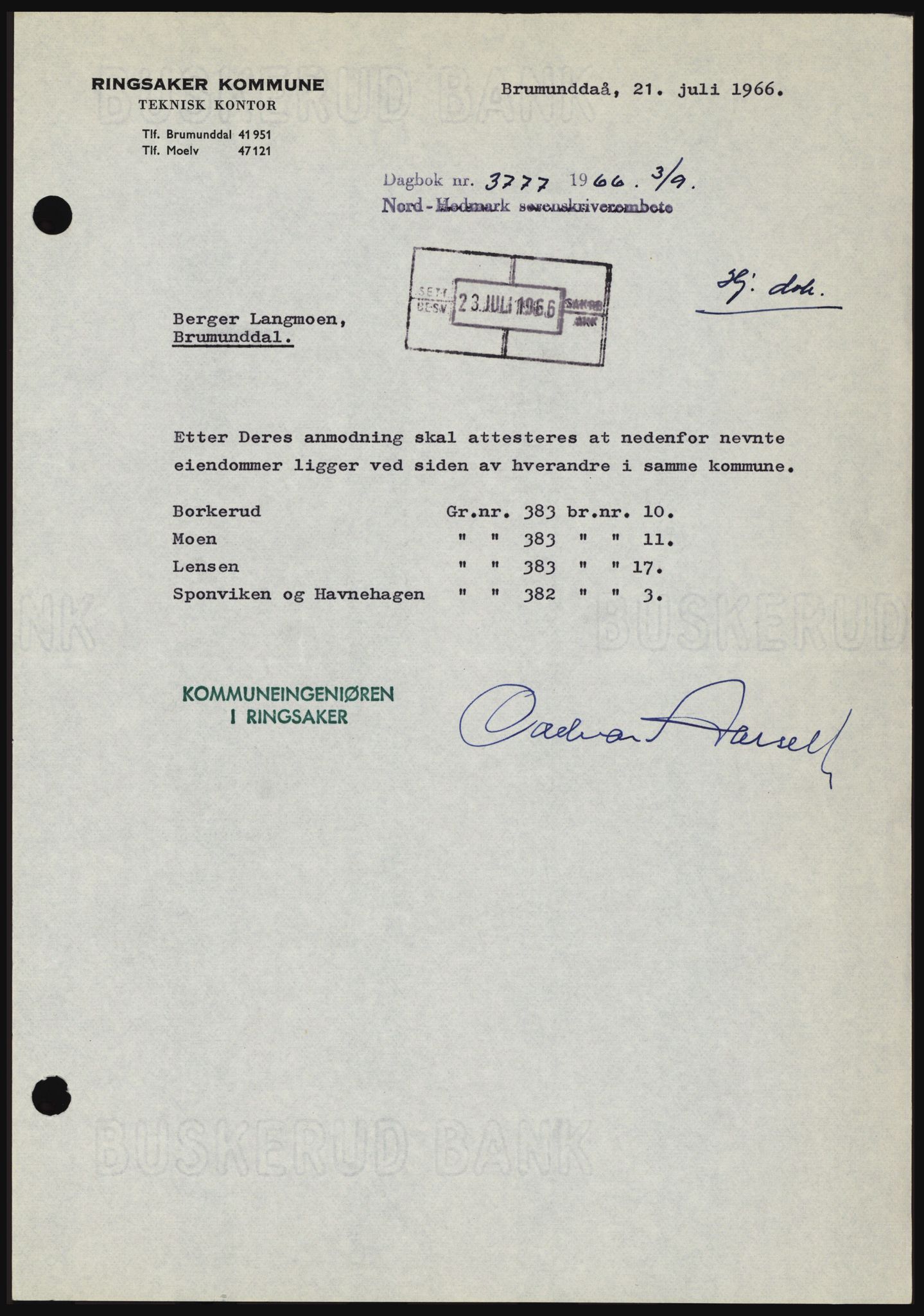 Nord-Hedmark sorenskriveri, SAH/TING-012/H/Hc/L0024: Mortgage book no. 24, 1966-1966, Diary no: : 3777/1966