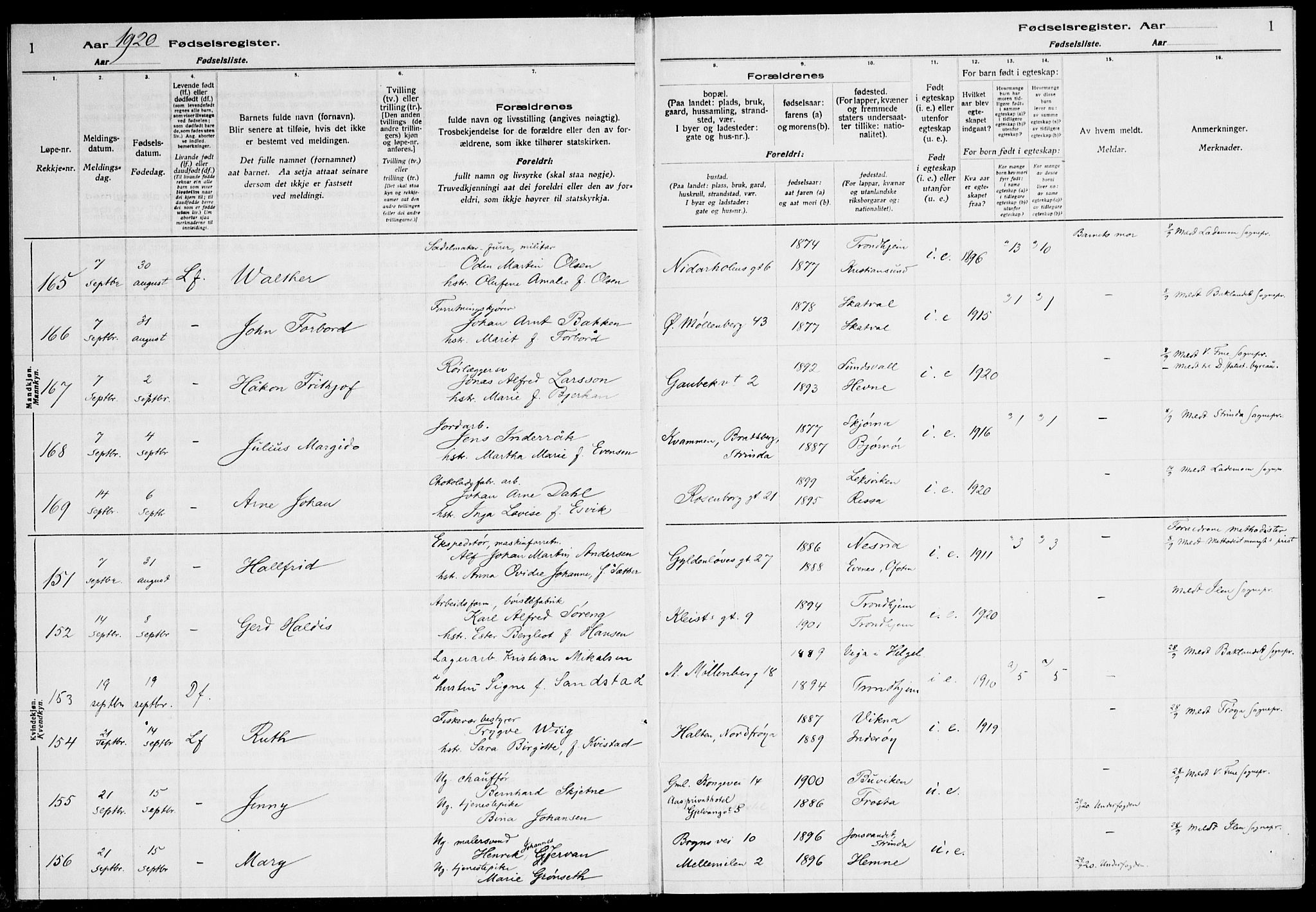 Ministerialprotokoller, klokkerbøker og fødselsregistre - Sør-Trøndelag, SAT/A-1456/600/L0003: Birth register no. 600.II.4.2, 1920-1924, p. 1