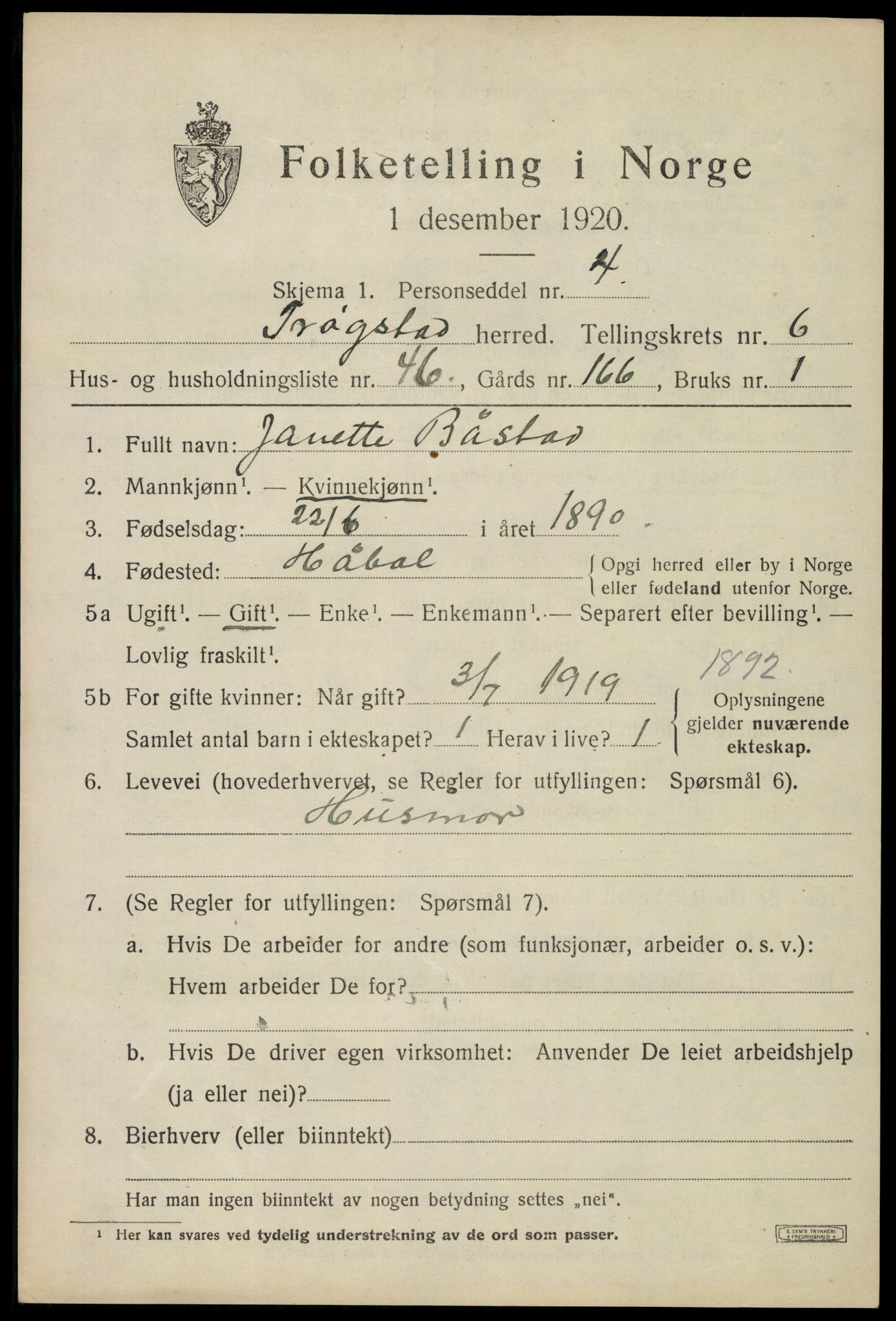 SAO, 1920 census for Trøgstad, 1920, p. 7094