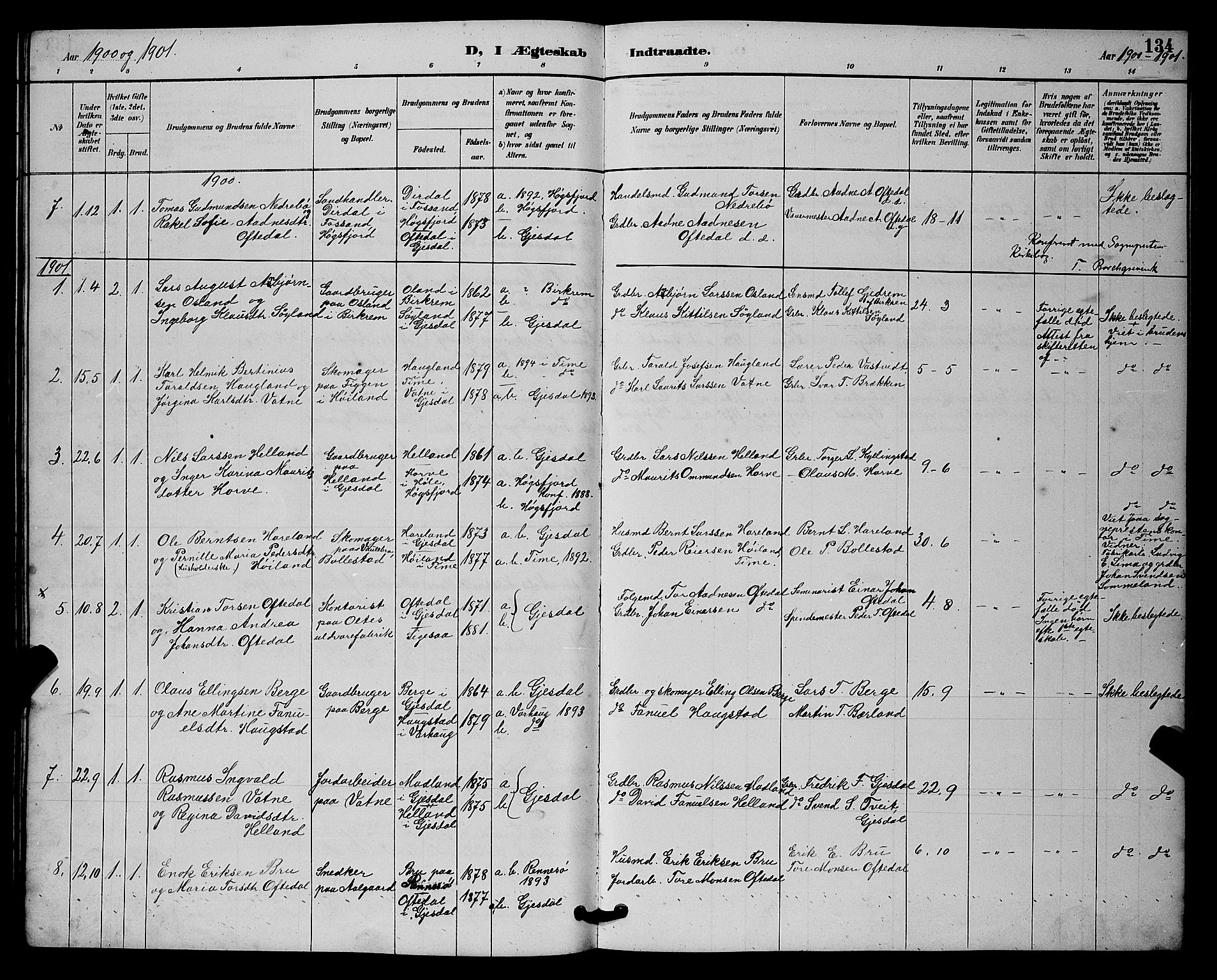 Lye sokneprestkontor, SAST/A-101794/001/30BB/L0008: Parish register (copy) no. B 7, 1887-1901, p. 134