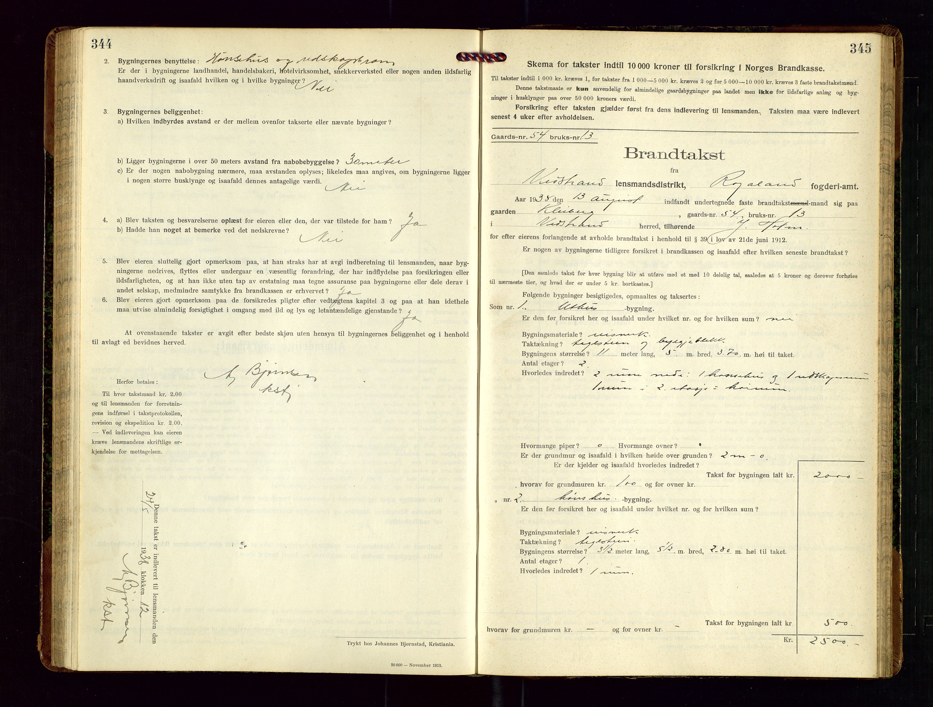 Nedstrand lensmannskontor, SAST/A-100236/Gob/L0002: "Brandtakstprotokol for Nerstrand lensmandsdistrikt Rogaland Fylke", 1916-1949, p. 344-345