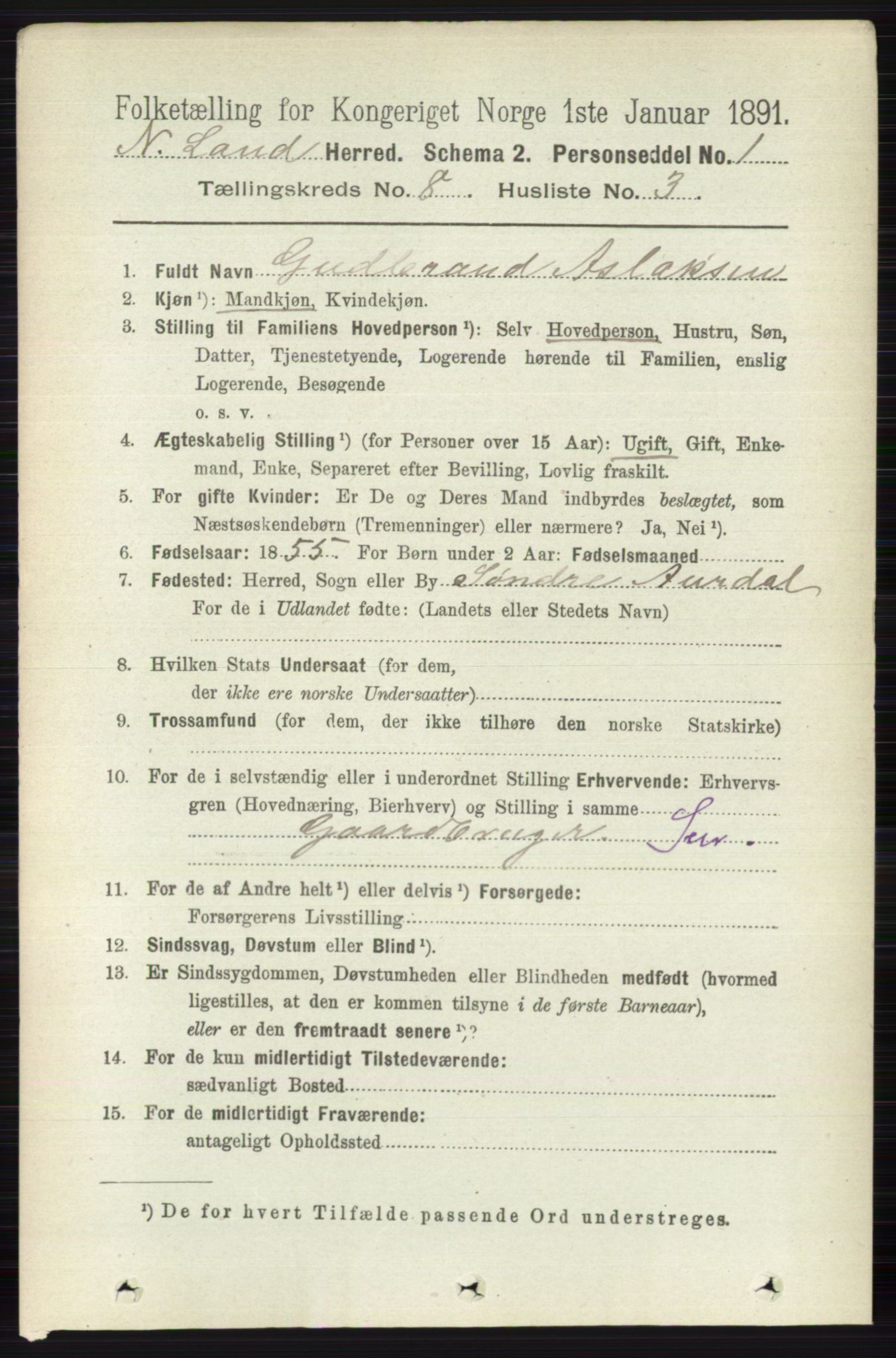 RA, 1891 census for 0538 Nordre Land, 1891, p. 2215