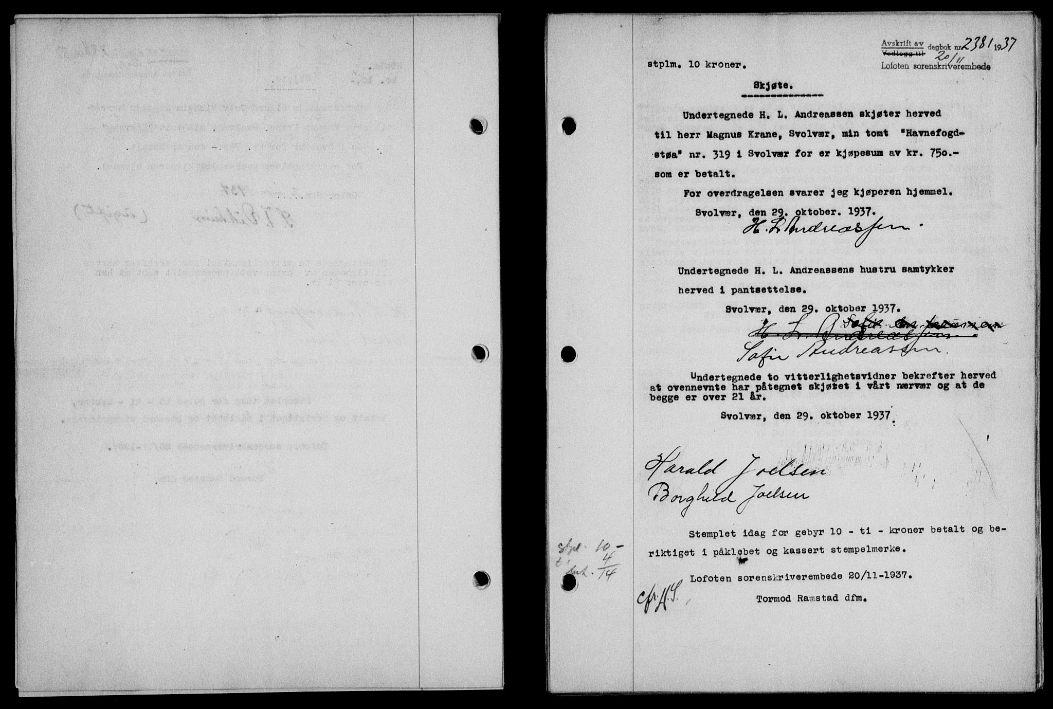 Lofoten sorenskriveri, SAT/A-0017/1/2/2C/L0003a: Mortgage book no. 3a, 1937-1938, Diary no: : 2381/1937