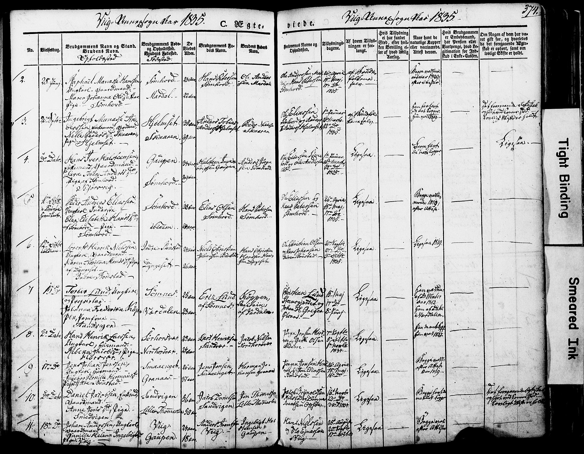 Ministerialprotokoller, klokkerbøker og fødselsregistre - Nordland, AV/SAT-A-1459/812/L0176: Parish register (official) no. 812A05, 1834-1874, p. 374