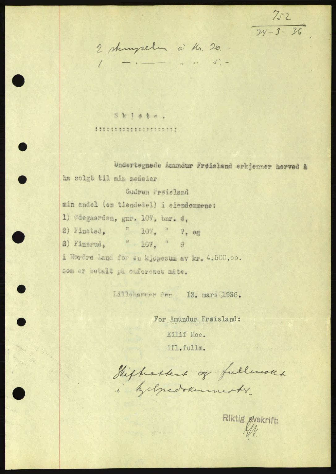 Hadeland og Land tingrett, AV/SAH-TING-010/H/Hb/Hbb/L0072: Mortgage book no. A72, 1936-1936, Diary no: : 752/1936
