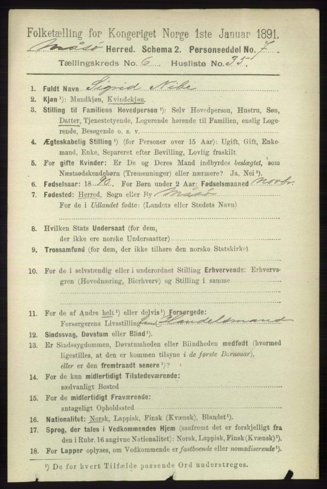 RA, 1891 census for 2018 Måsøy, 1891, p. 1326