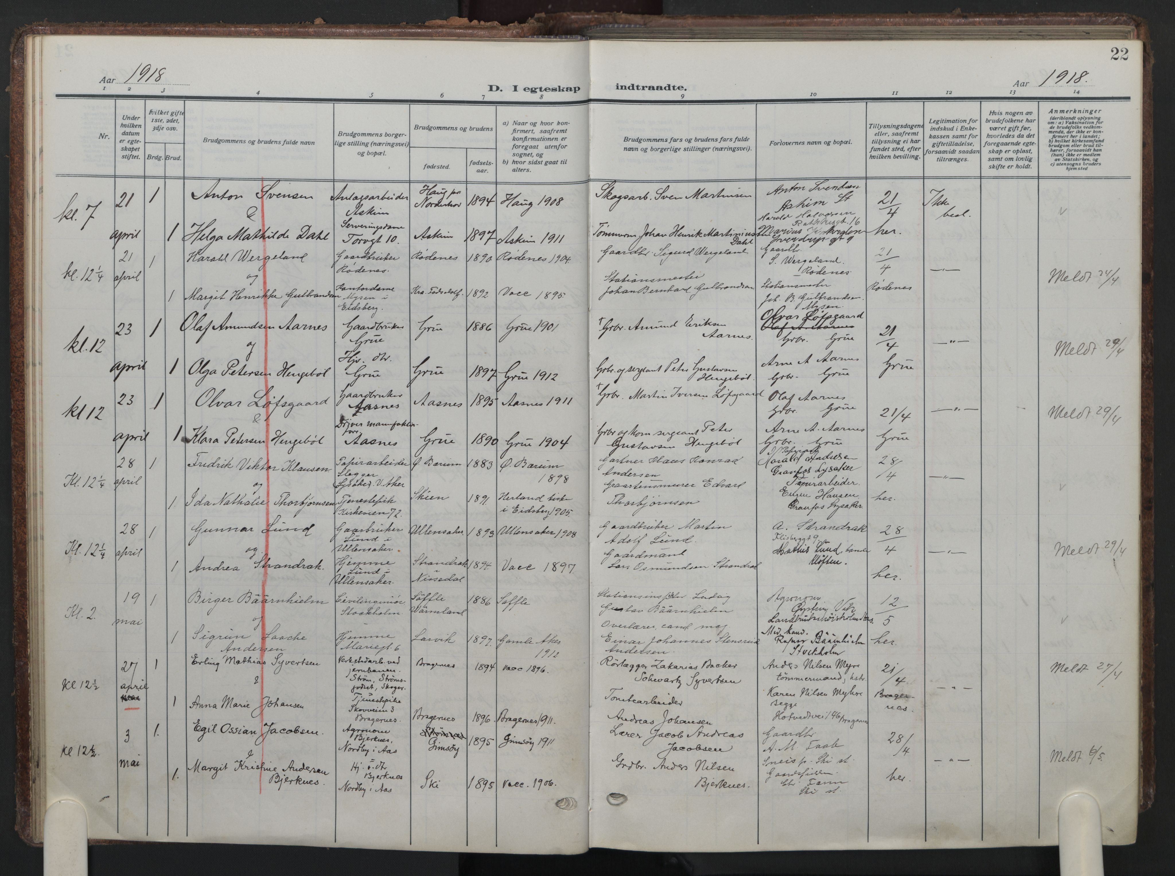 Oslo domkirke Kirkebøker, AV/SAO-A-10752/G/Ga/L0004: Parish register (copy) no. 4, 1917-1926, p. 22