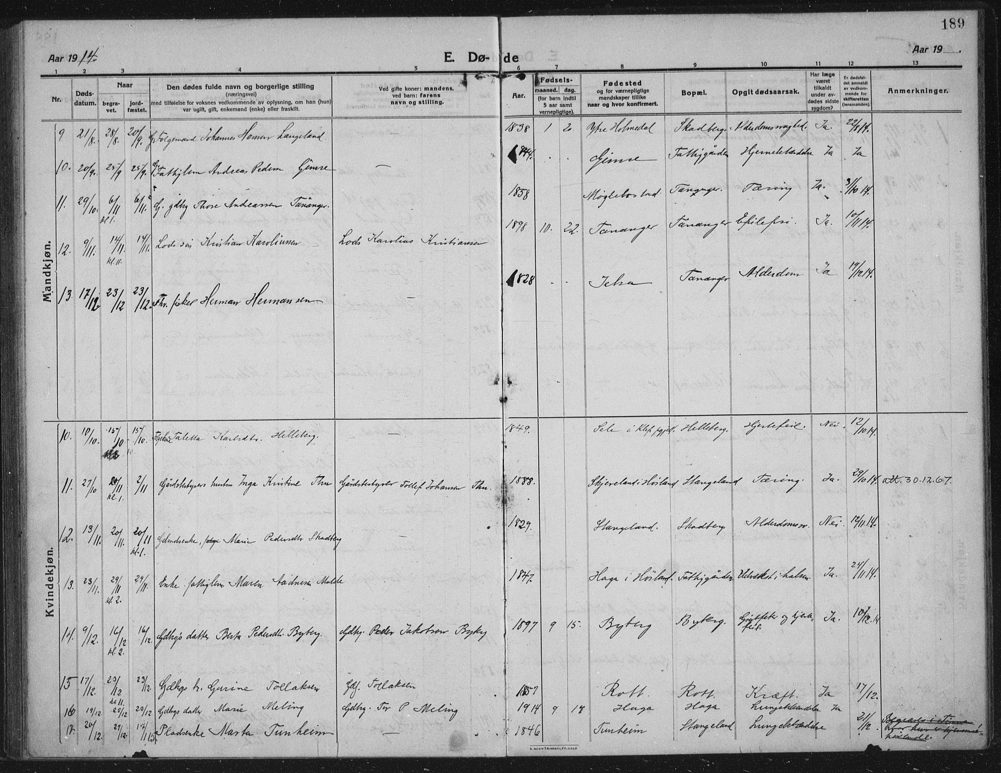 Håland sokneprestkontor, SAST/A-101802/002/C/L0001: Parish register (official) no. A 14, 1913-1927, p. 189