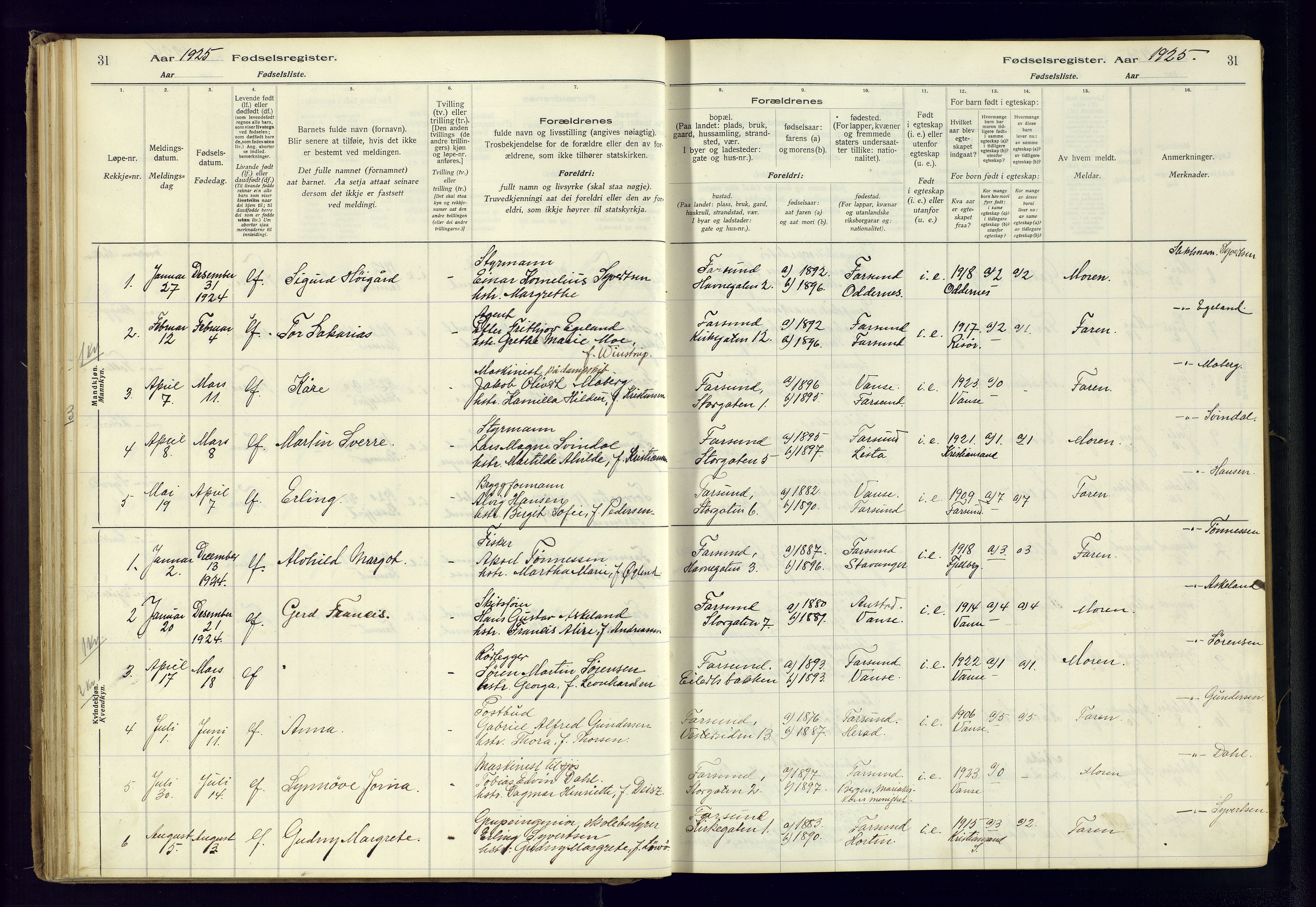 Farsund sokneprestkontor, SAK/1111-0009/J/Ja/L0001: Birth register no. A-VI-8, 1916-1950, p. 31