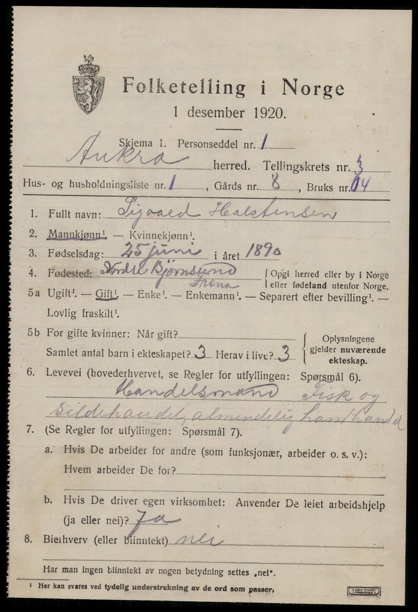 SAT, 1920 census for Aukra, 1920, p. 2541