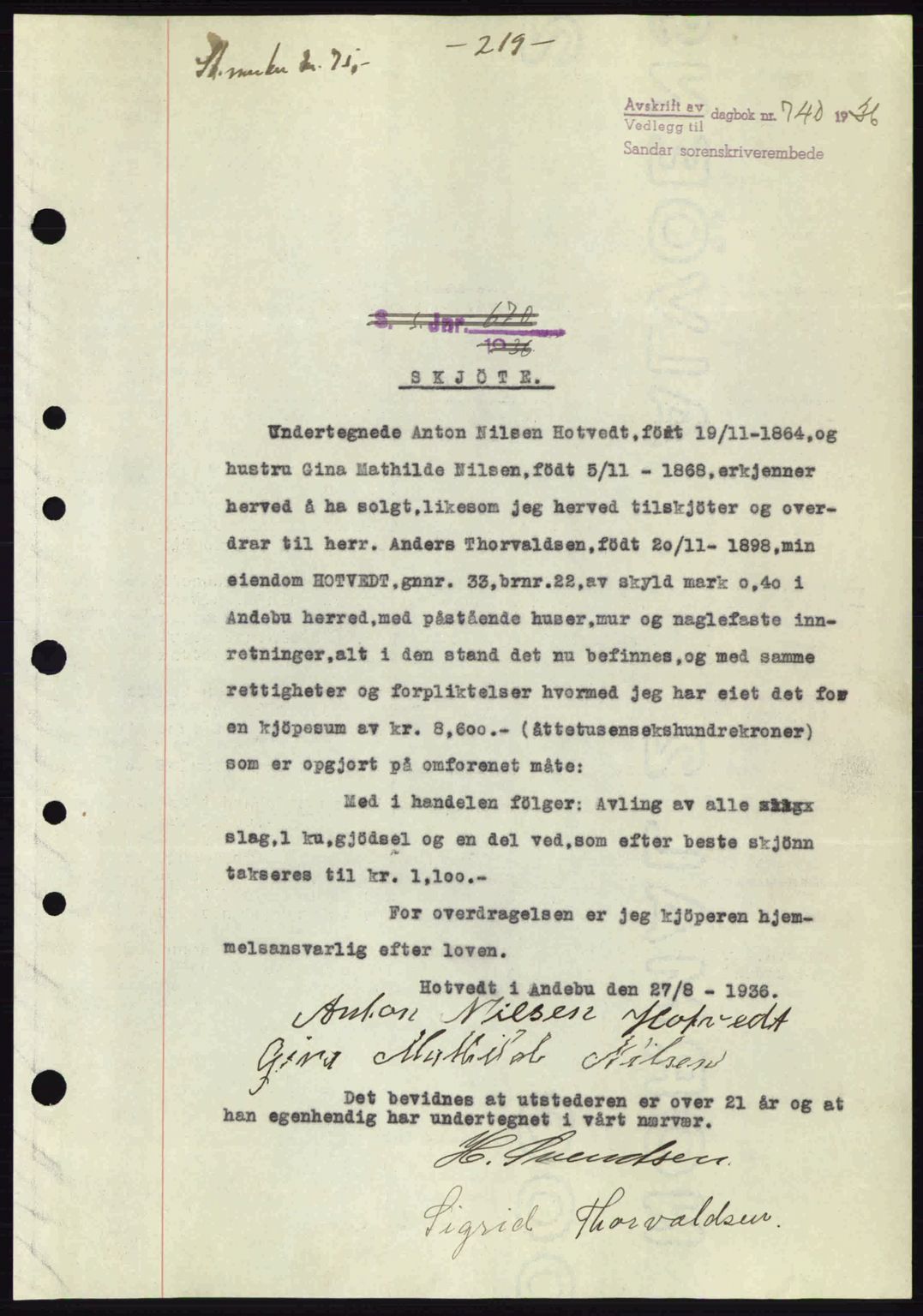 Jarlsberg sorenskriveri, AV/SAKO-A-131/G/Ga/Gaa/L0001: Mortgage book no. A-1, 1936-1936, Diary no: : 740/1936