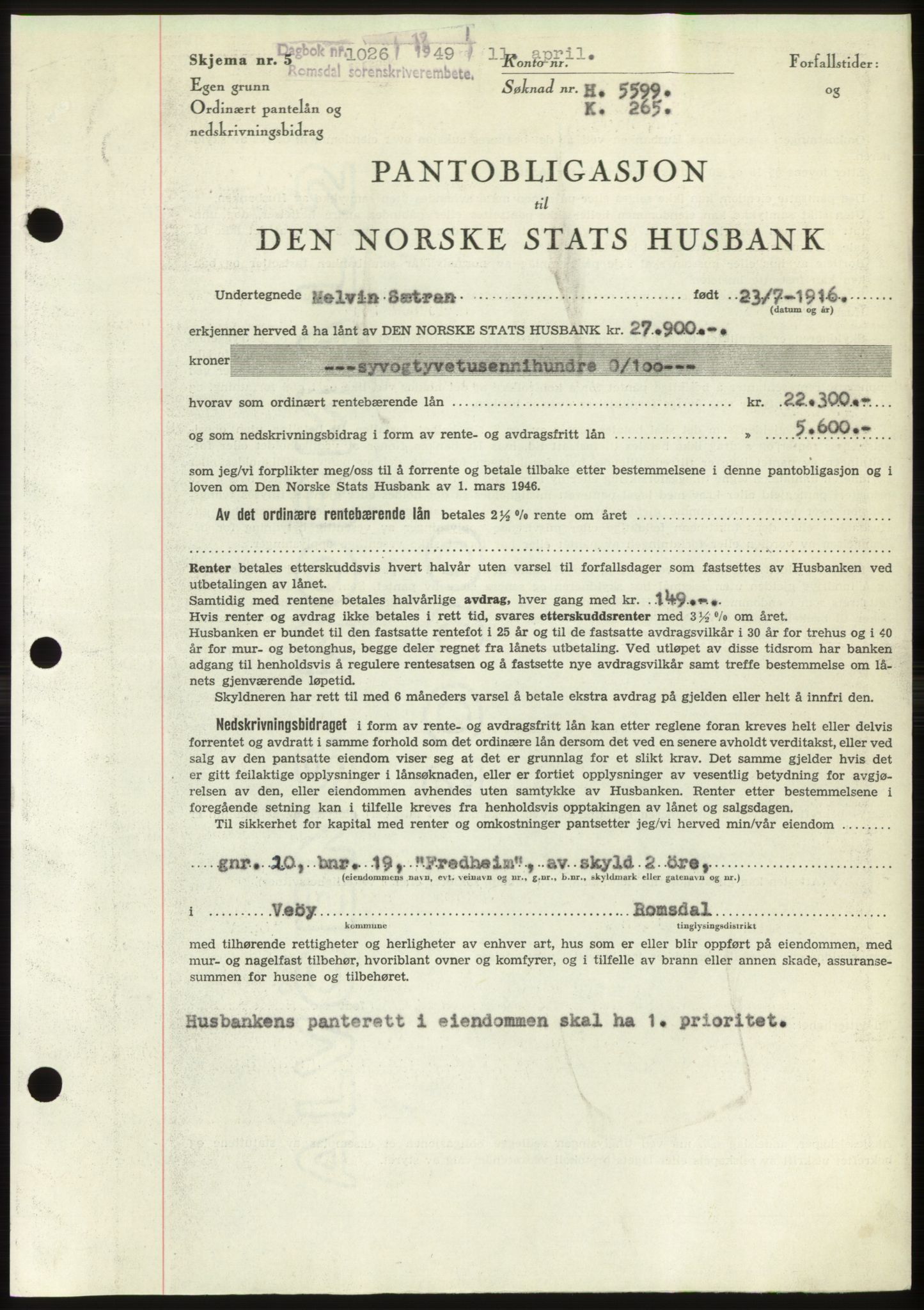 Romsdal sorenskriveri, AV/SAT-A-4149/1/2/2C: Mortgage book no. B4, 1948-1949, Diary no: : 1026/1949