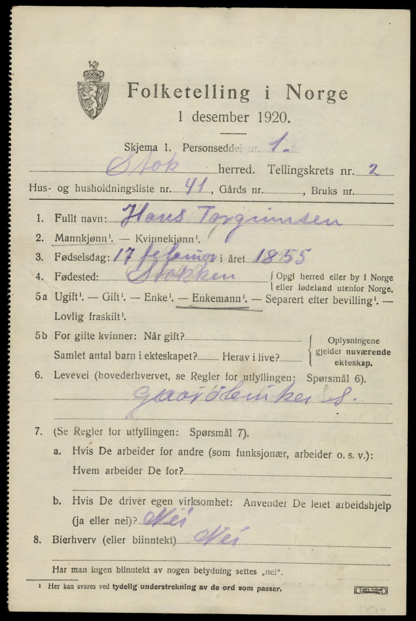 SAK, 1920 census for Stokken, 1920, p. 1962