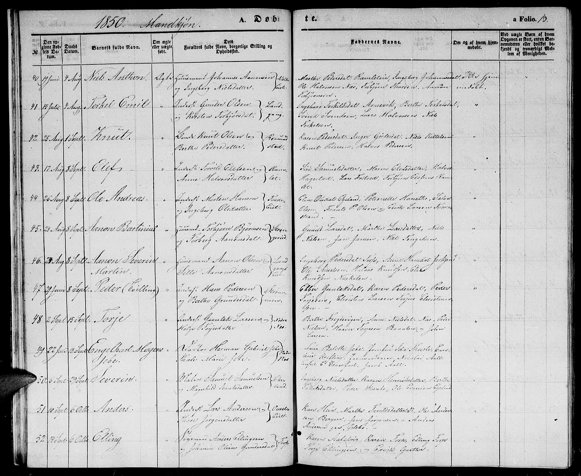 Holt sokneprestkontor, AV/SAK-1111-0021/F/Fb/L0007: Parish register (copy) no. B 7, 1849-1858, p. 13