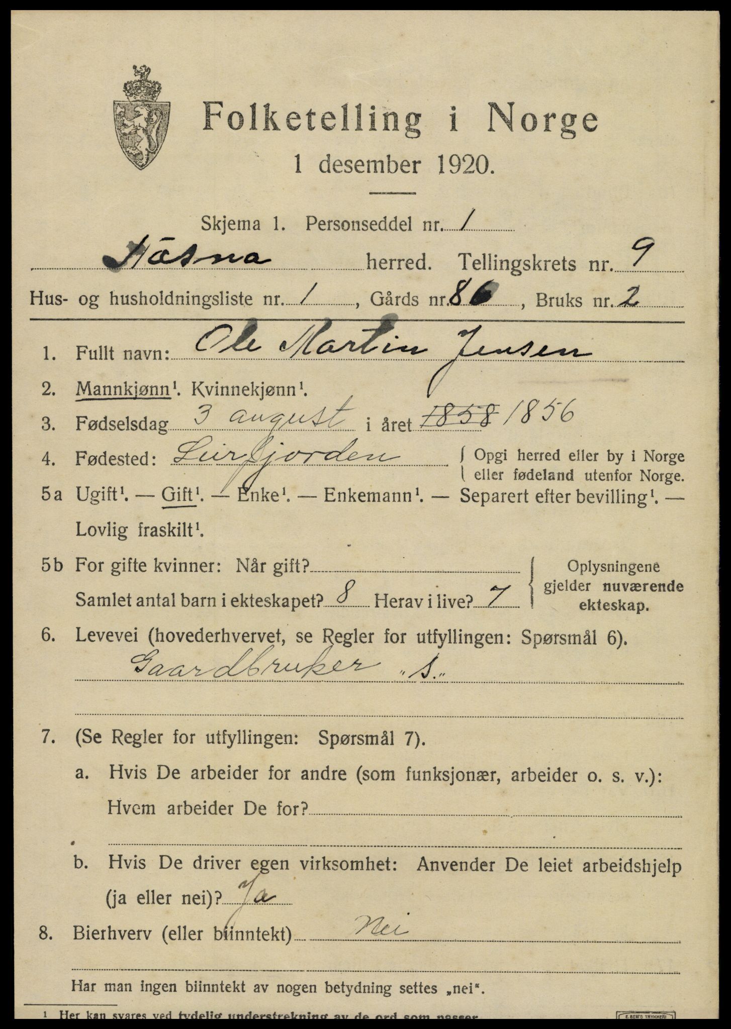 SAT, 1920 census for Nesna, 1920, p. 7323