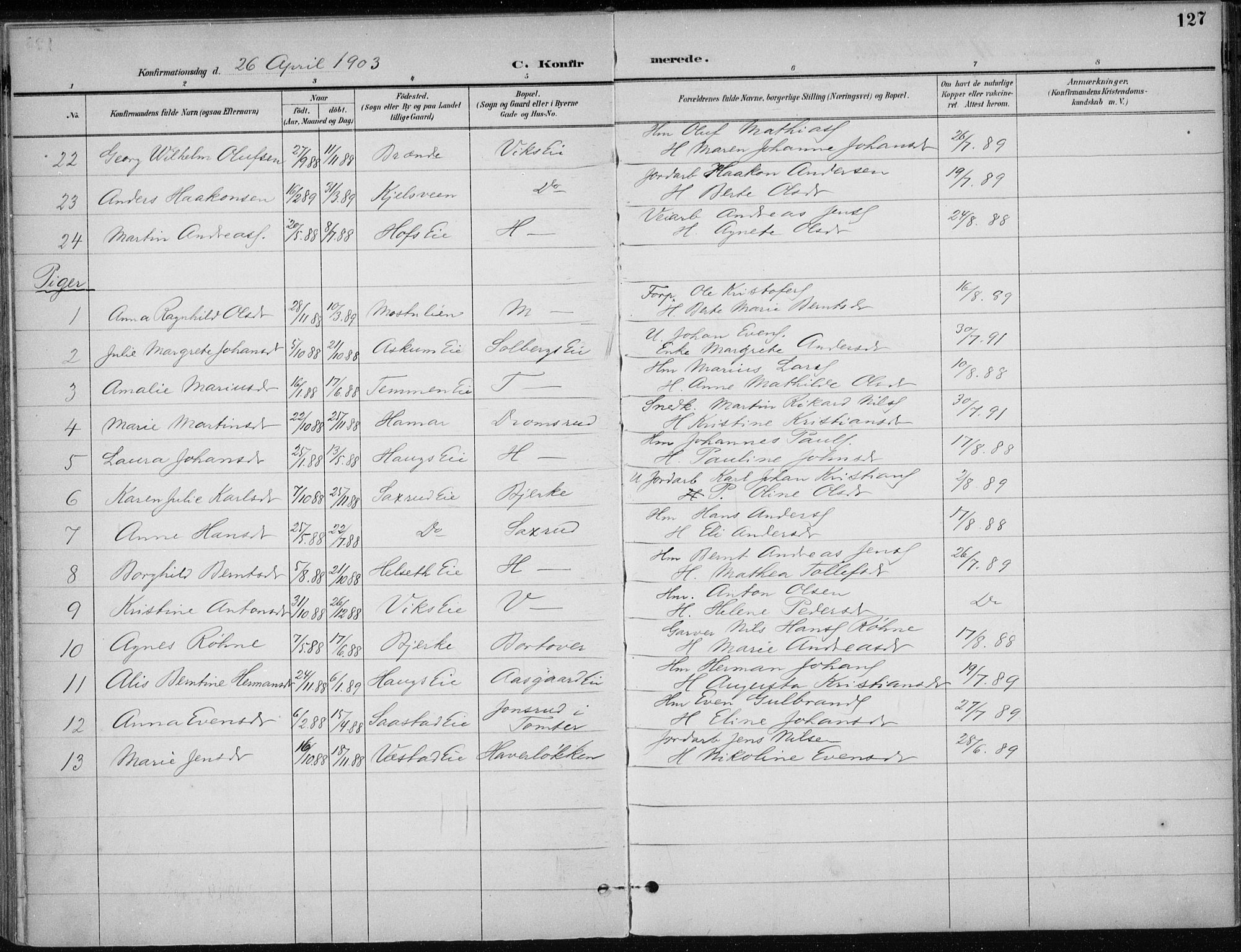 Stange prestekontor, AV/SAH-PREST-002/K/L0023: Parish register (official) no. 23, 1897-1920, p. 127