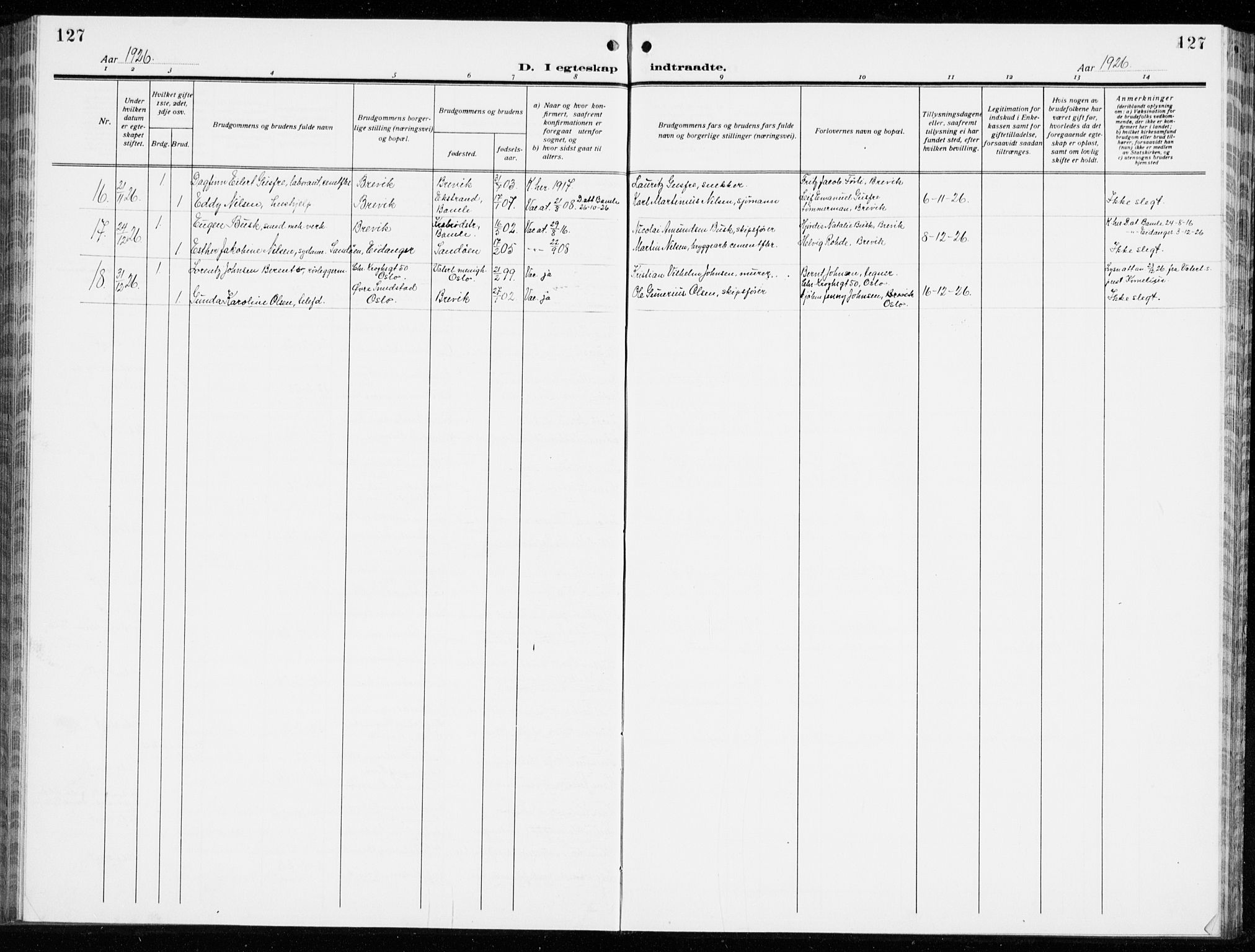 Brevik kirkebøker, SAKO/A-255/G/Ga/L0006: Parish register (copy) no. 6, 1922-1940, p. 127