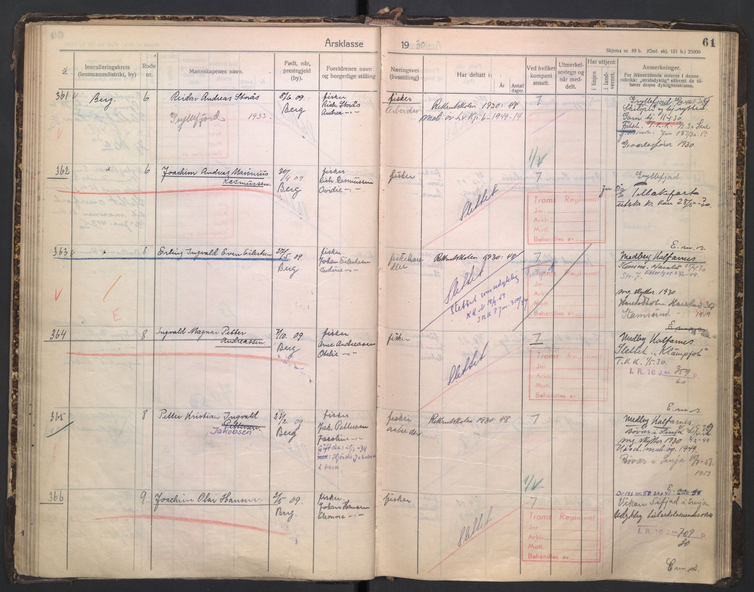 Forsvaret, Troms infanteriregiment nr. 16, AV/RA-RAFA-3146/P/Pa/L0005/0003: Ruller / Rulle for regimentets stridende menige mannskaper, årsklasse 1930, 1930, p. 61