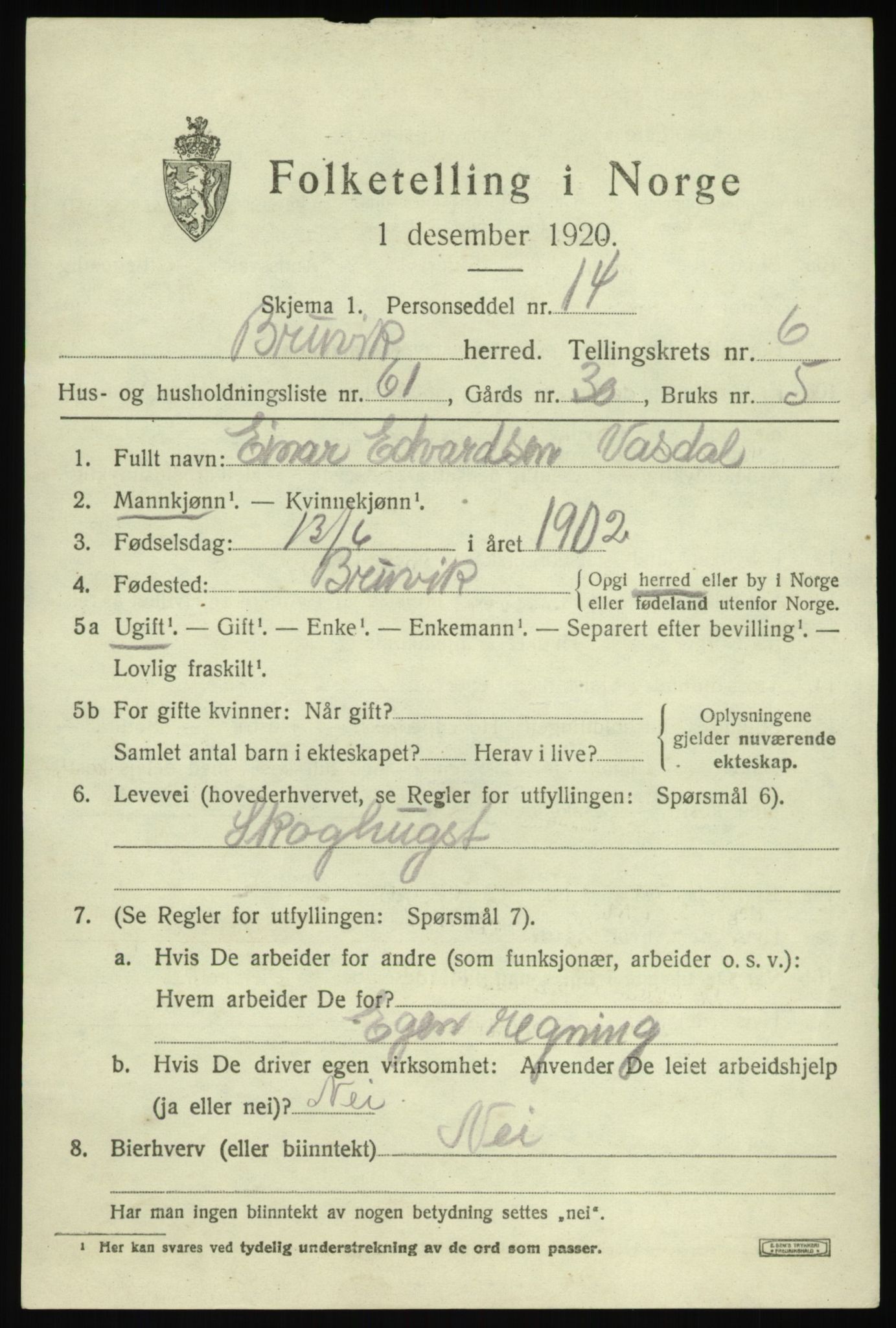 SAB, 1920 census for Bruvik, 1920, p. 4886