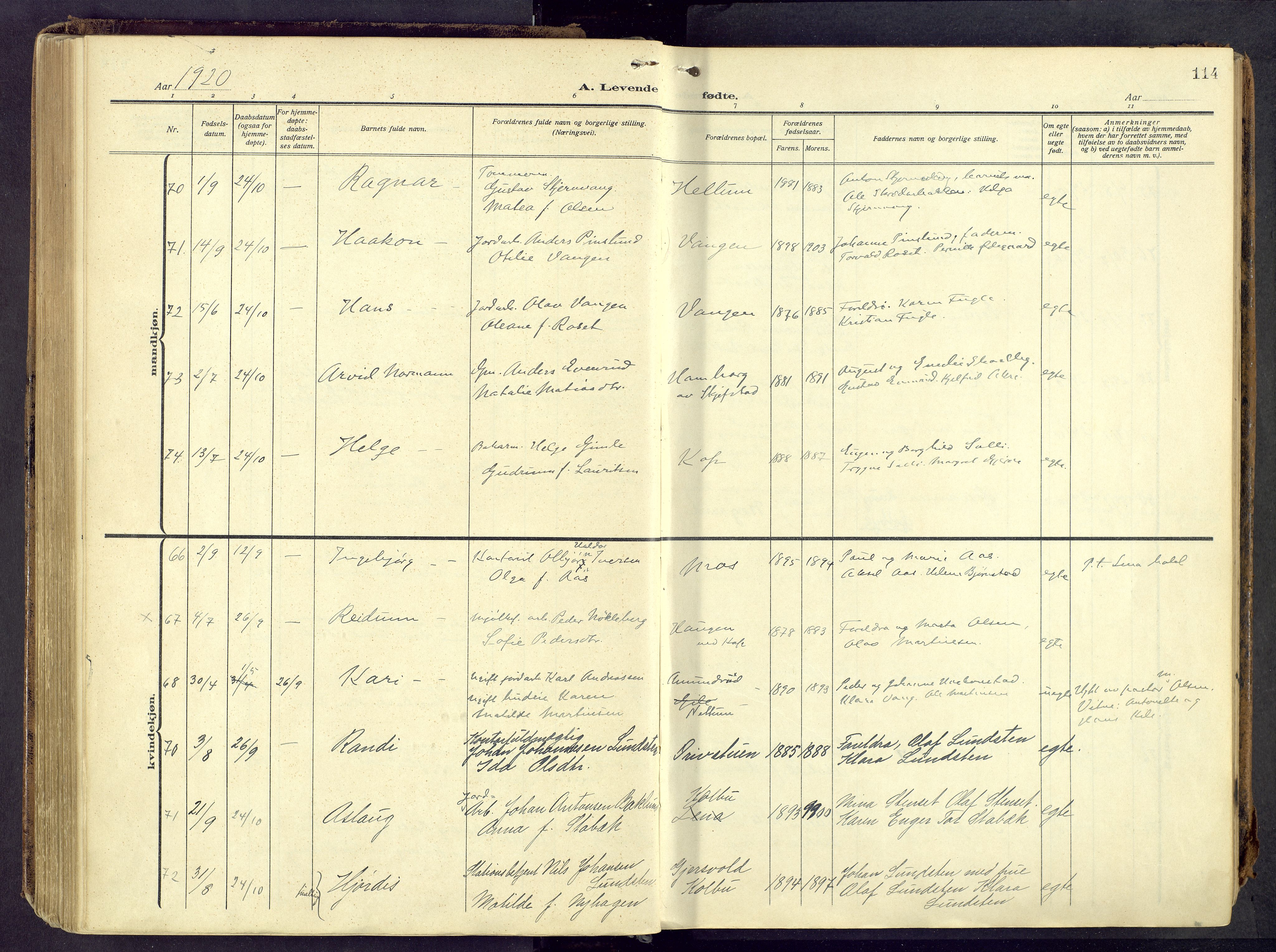 Østre Toten prestekontor, AV/SAH-PREST-104/H/Ha/Haa/L0010: Parish register (official) no. 10, 1910-1920, p. 114