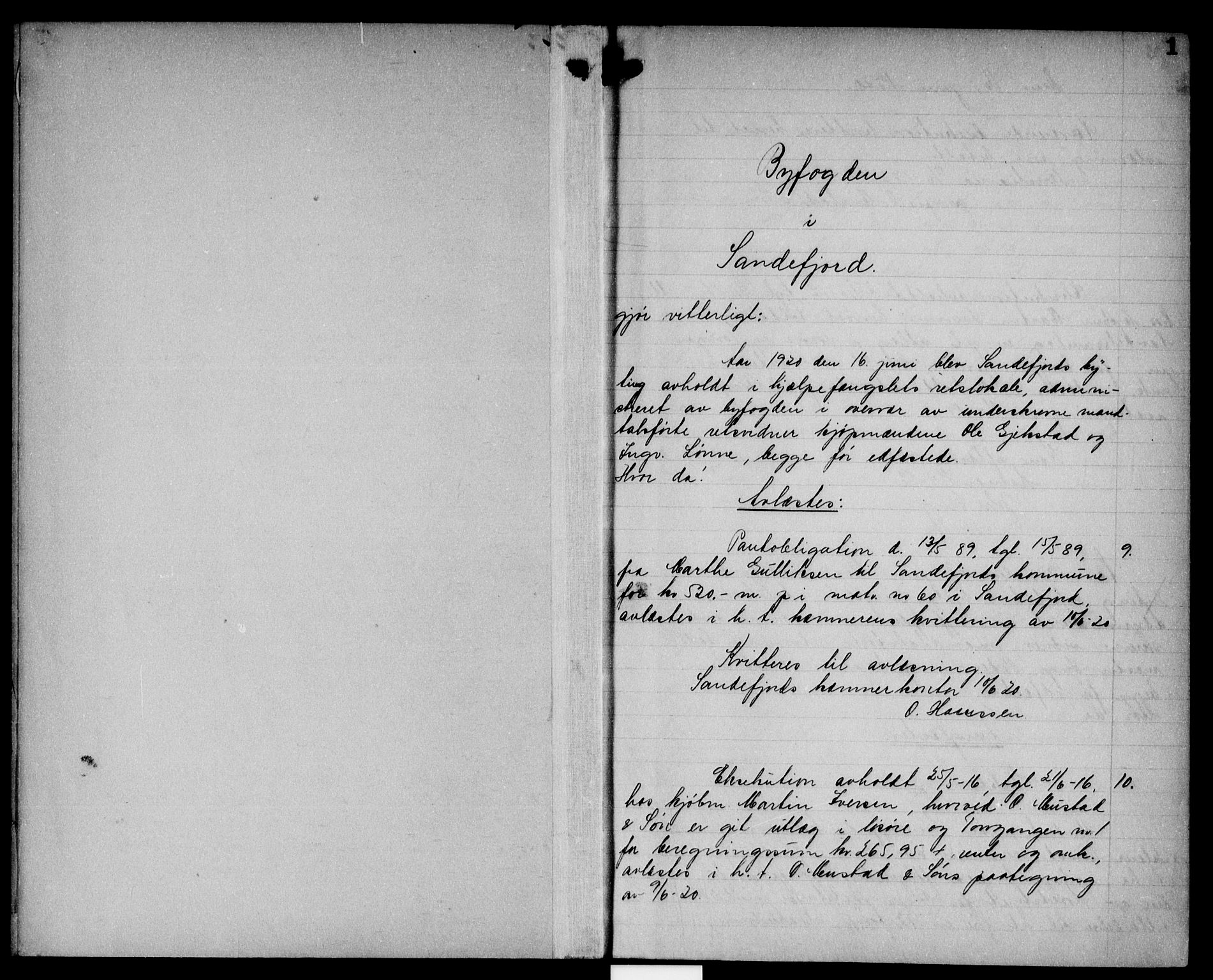 Sandefjord byfogd - 1, AV/SAKO-A-122/G/Ga/L0020: Mortgage book no. 20, 1920-1921, p. 0-1
