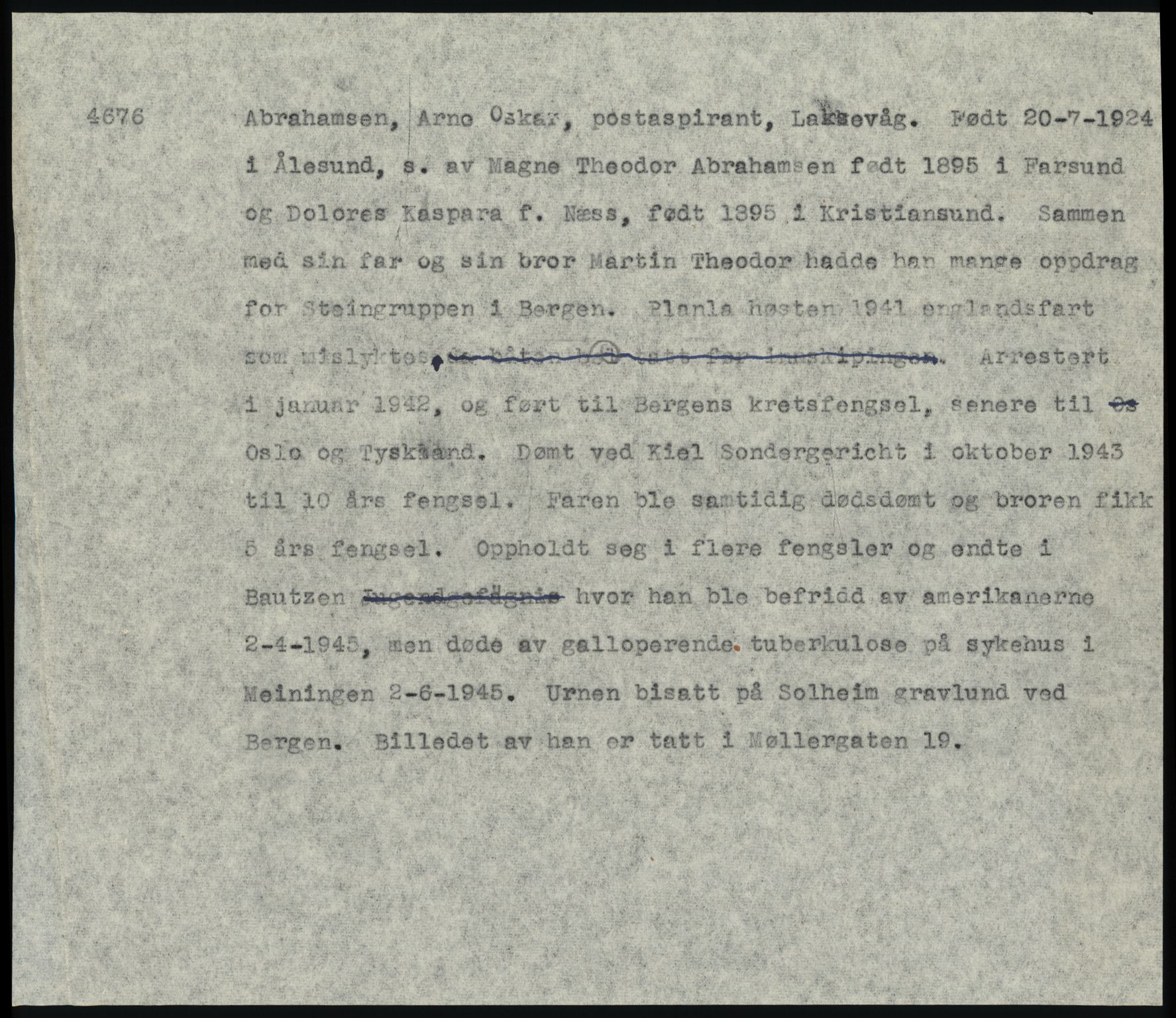 Sosialdepartementet, Våre Falne, RA/S-1708/E/Ee/L0025: Personmapper: Abelsen 01 - Amundsen, H. 65, 1945-1951, p. 143