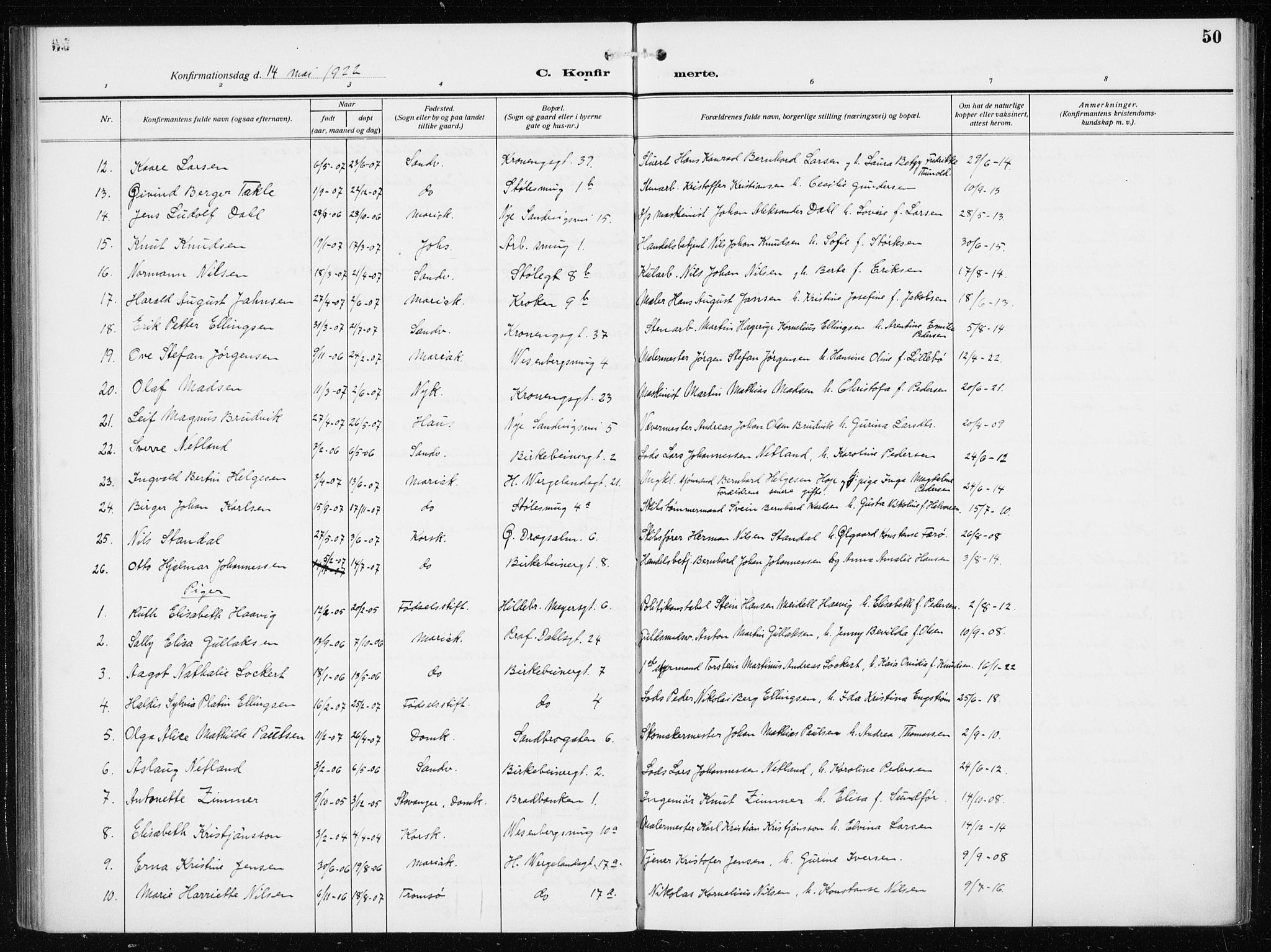 Mariakirken Sokneprestembete, AV/SAB-A-76901/H/Haa/L0015: Parish register (official) no. C 3, 1913-1927, p. 50