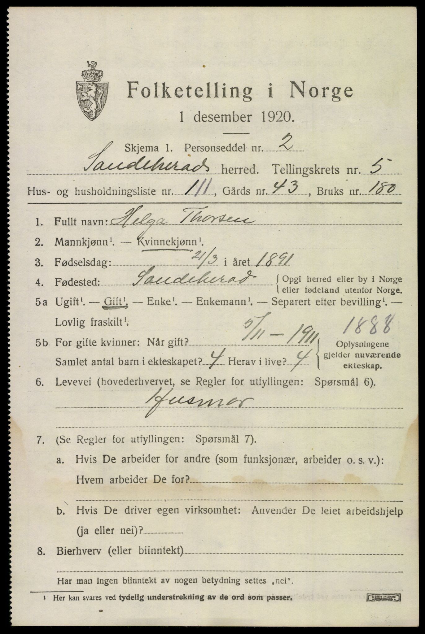 SAKO, 1920 census for Sandeherred, 1920, p. 9548