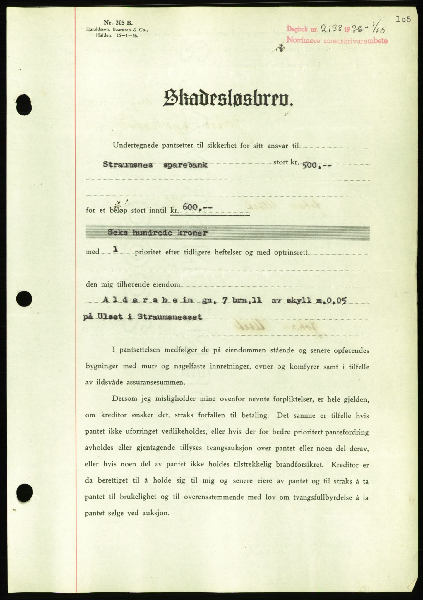 Nordmøre sorenskriveri, AV/SAT-A-4132/1/2/2Ca/L0090: Mortgage book no. B80, 1936-1937, Diary no: : 2138/1936