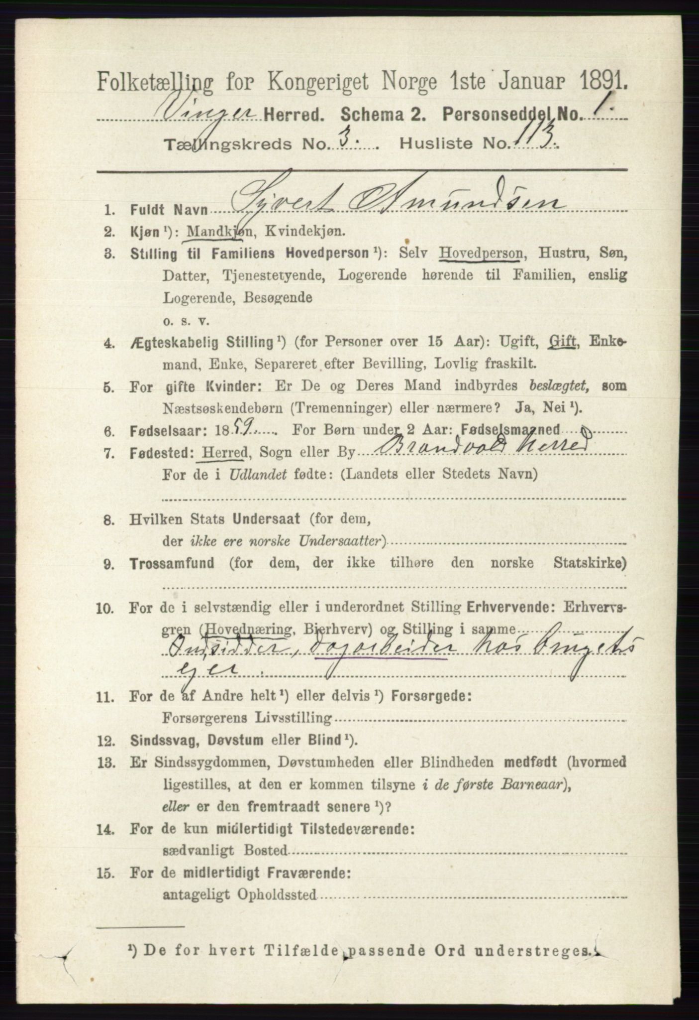 RA, 1891 census for 0421 Vinger, 1891, p. 1577