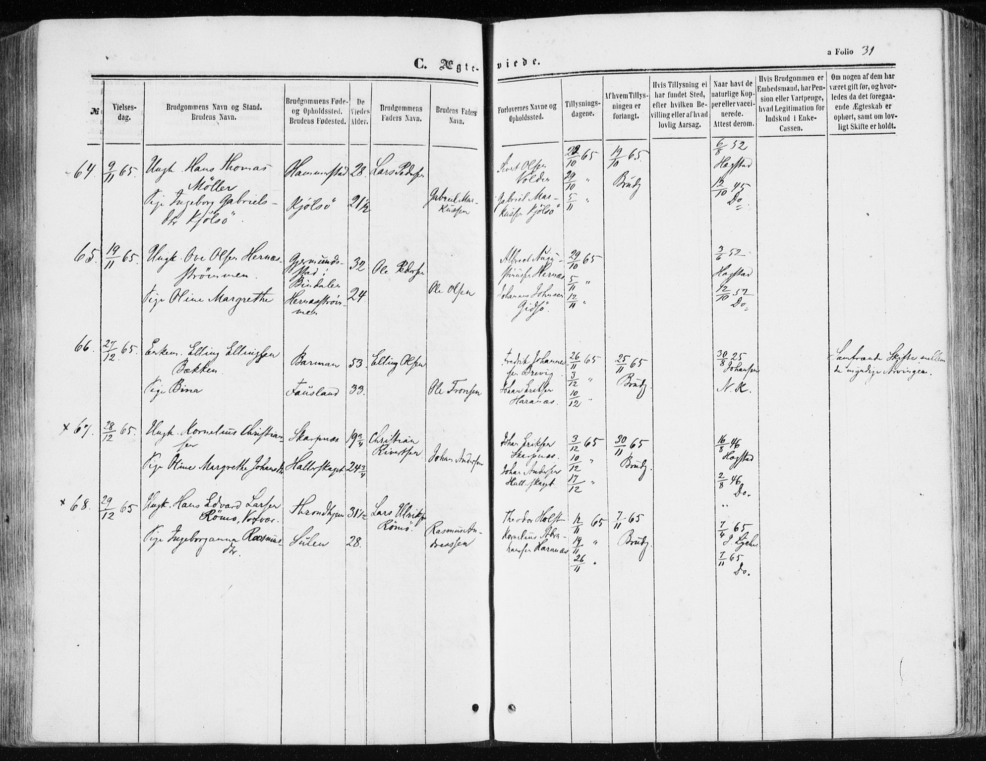 Ministerialprotokoller, klokkerbøker og fødselsregistre - Sør-Trøndelag, SAT/A-1456/634/L0531: Parish register (official) no. 634A07, 1861-1870, p. 31