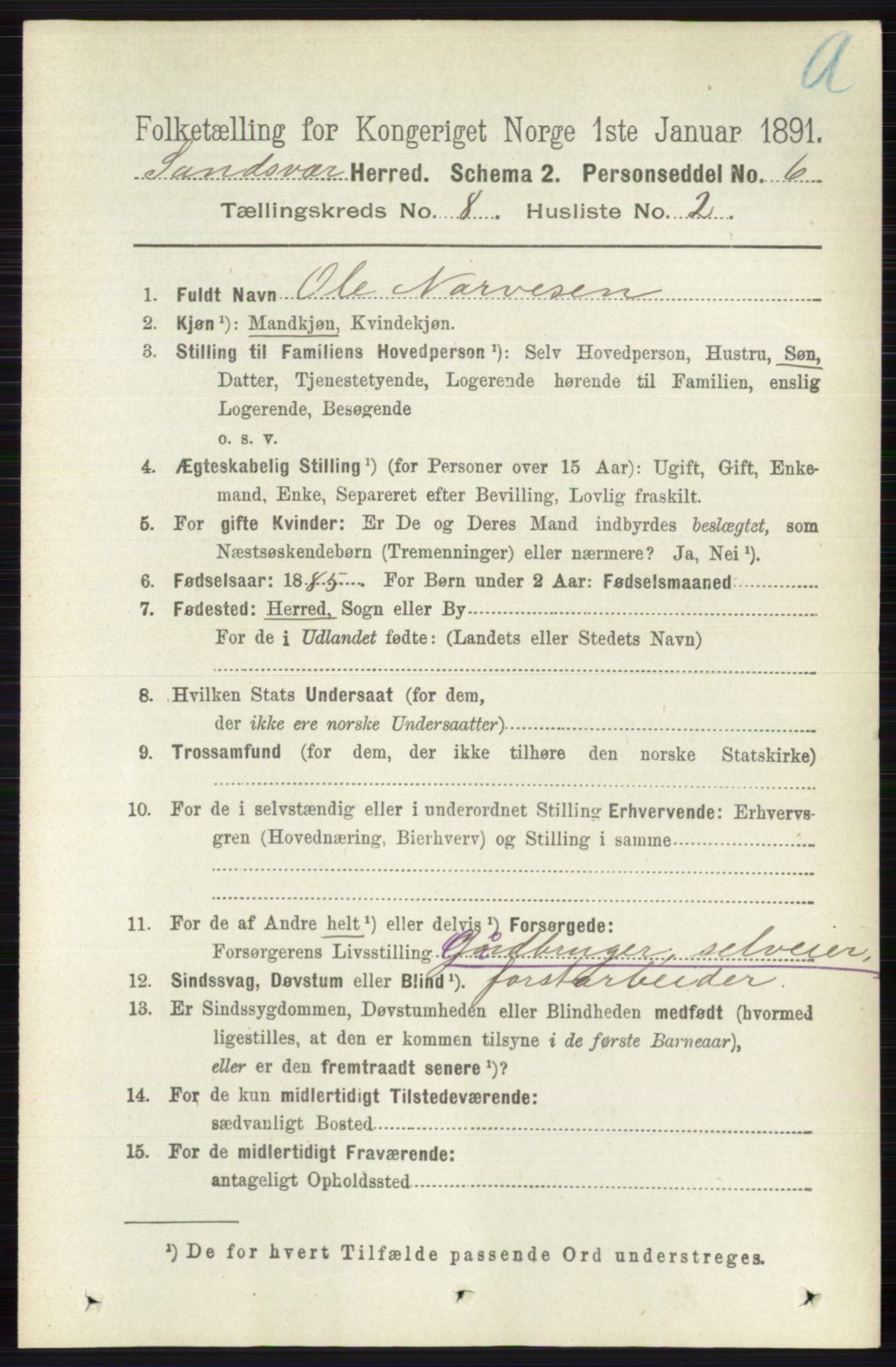 RA, 1891 census for 0629 Sandsvær, 1891, p. 4296