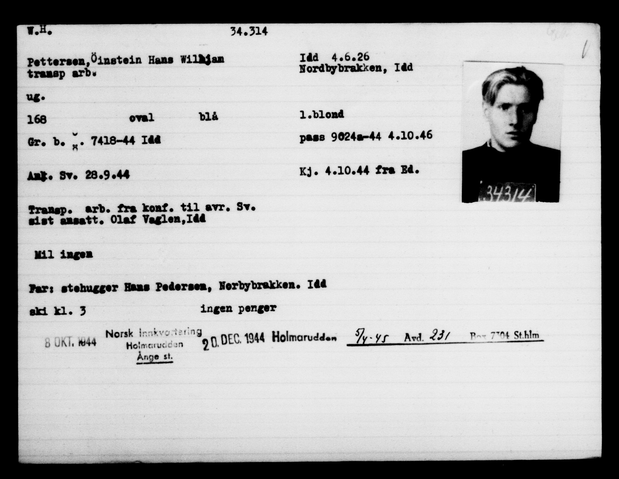 Utenriksstasjonene, Legasjonen i Stockholm, Flyktningkontoret, AV/RA-S-6753/V/Va/L0013: Kjesäterkartoteket, flyktninger med registreringsnr. 31500-34731, 1940-1945, p. 2966