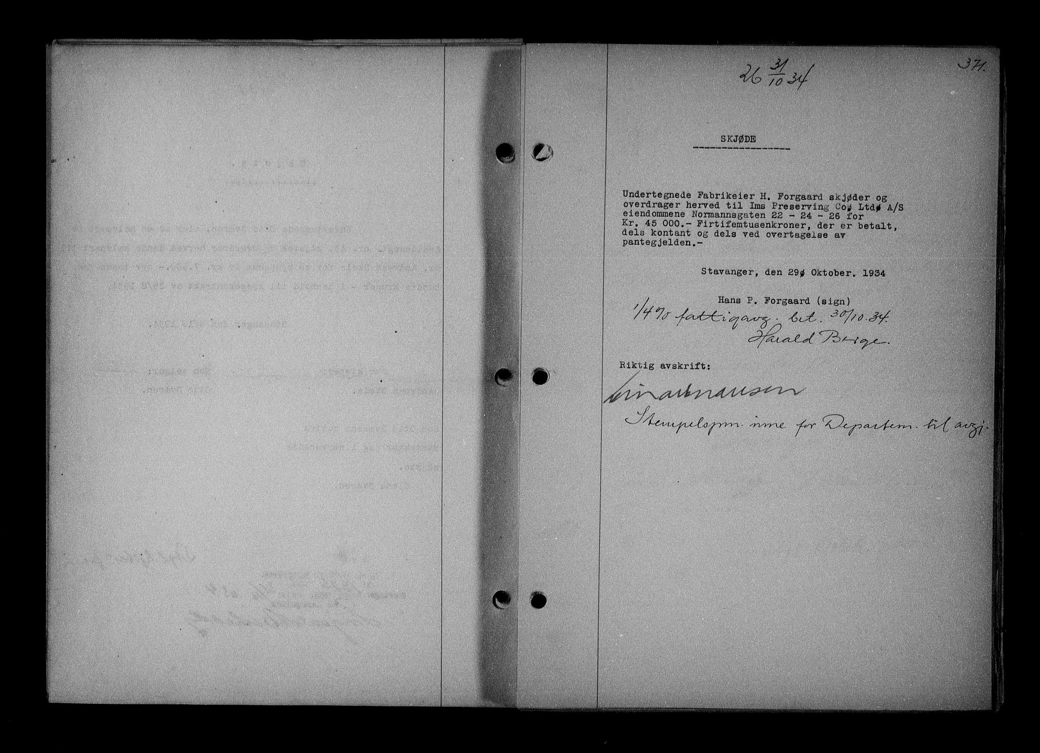 Stavanger byrett, SAST/A-100455/001/4/41/410BB/L0007: Mortgage book no. 57, 1934-1934, Deed date: 31.10.1934