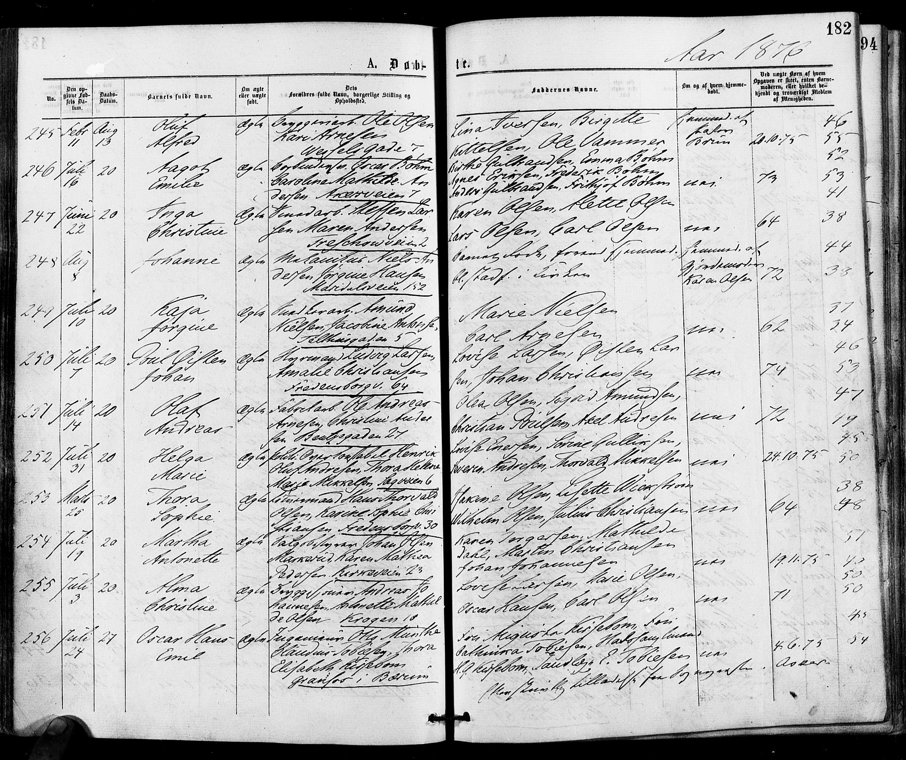 Gamle Aker prestekontor Kirkebøker, SAO/A-10617a/F/L0004: Parish register (official) no. 4, 1872-1879, p. 182
