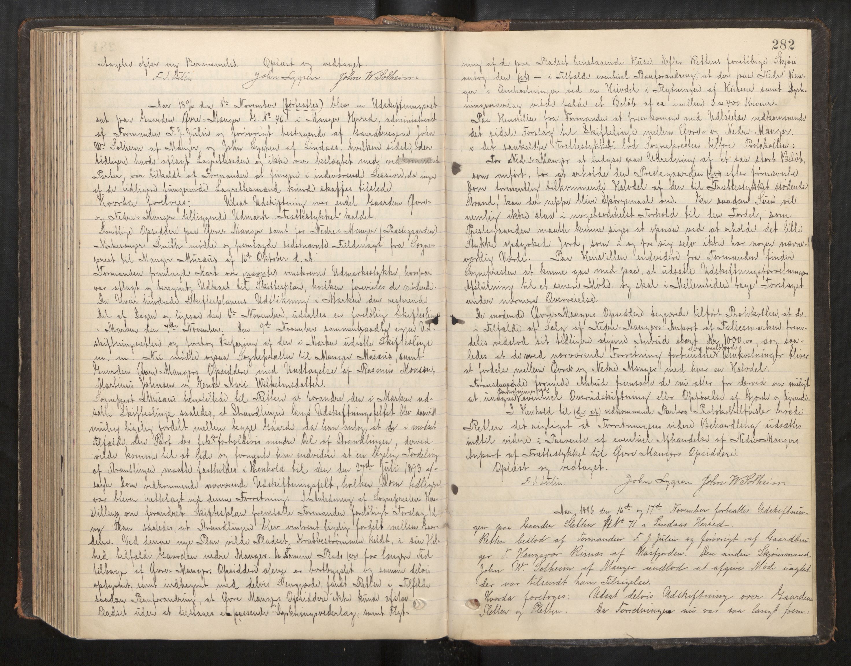 Hordaland jordskiftedøme - II Ytre Nordhordland jordskiftedistrikt, AV/SAB-A-6901/A/Aa/L0008: Forhandlingsprotokoll, 1893-1896, p. 281b-282a