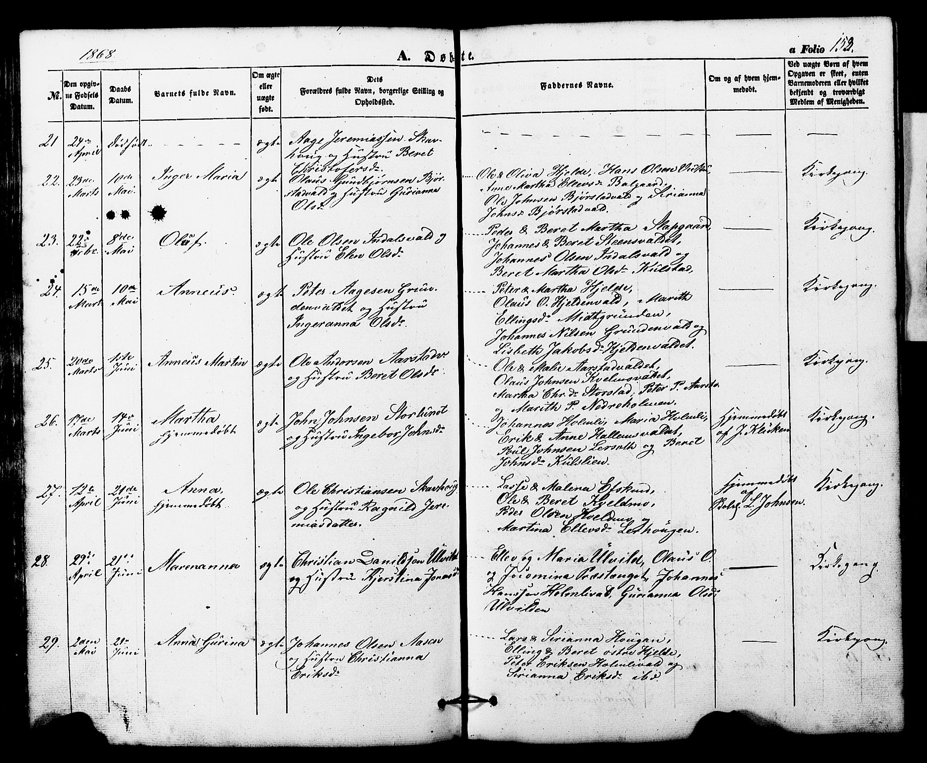 Ministerialprotokoller, klokkerbøker og fødselsregistre - Nord-Trøndelag, SAT/A-1458/724/L0268: Parish register (copy) no. 724C04, 1846-1878, p. 153