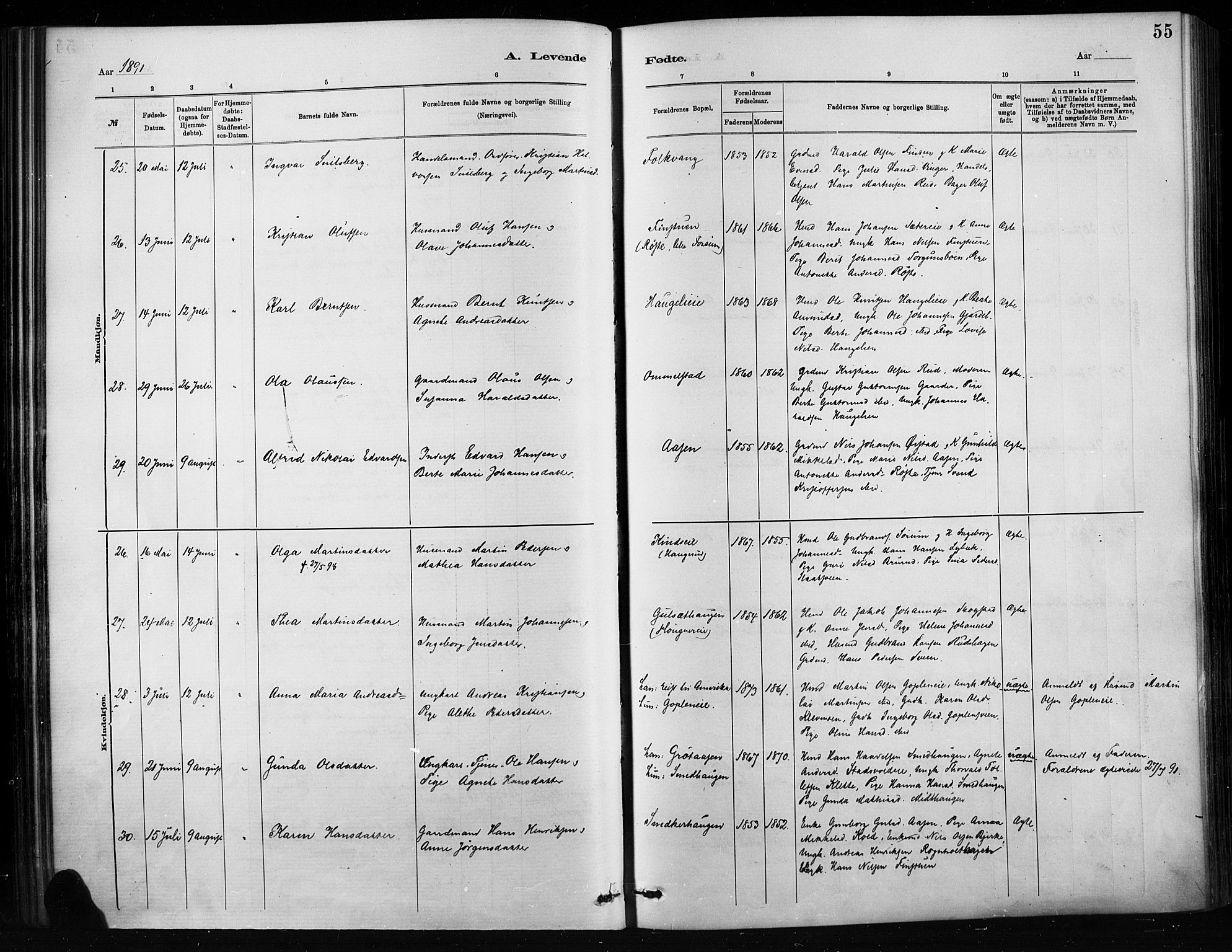 Nordre Land prestekontor, AV/SAH-PREST-124/H/Ha/Haa/L0004: Parish register (official) no. 4, 1882-1896, p. 55