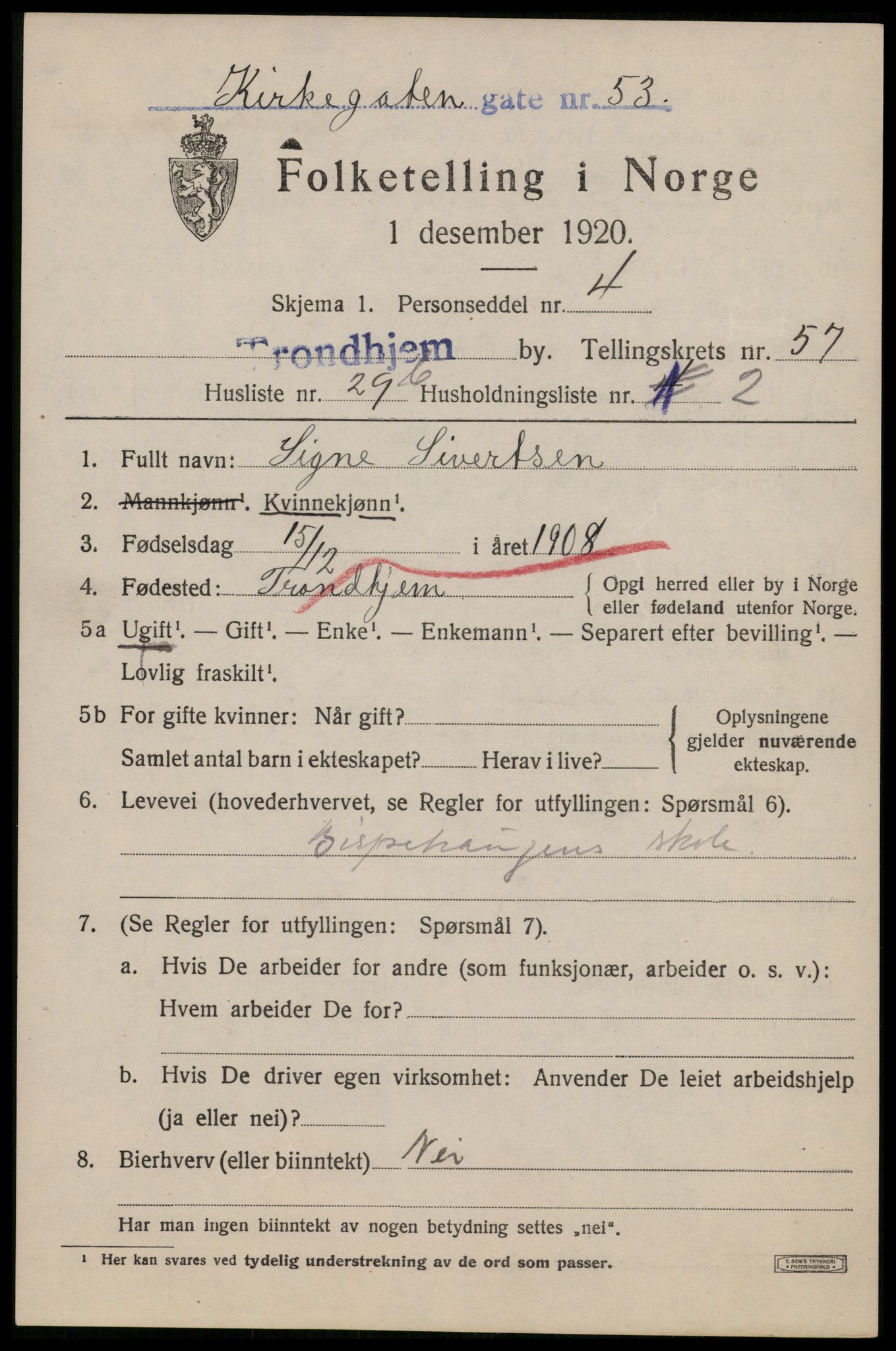 SAT, 1920 census for Trondheim, 1920, p. 116644