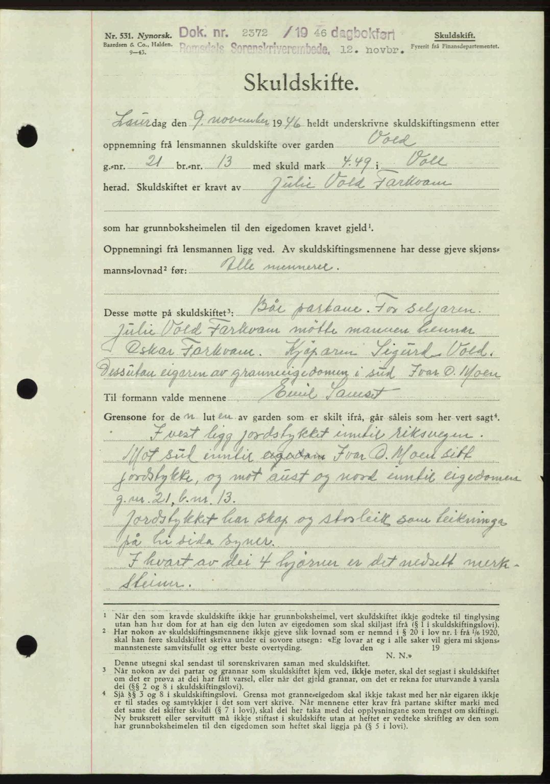 Romsdal sorenskriveri, AV/SAT-A-4149/1/2/2C: Mortgage book no. A21, 1946-1946, Diary no: : 2372/1946