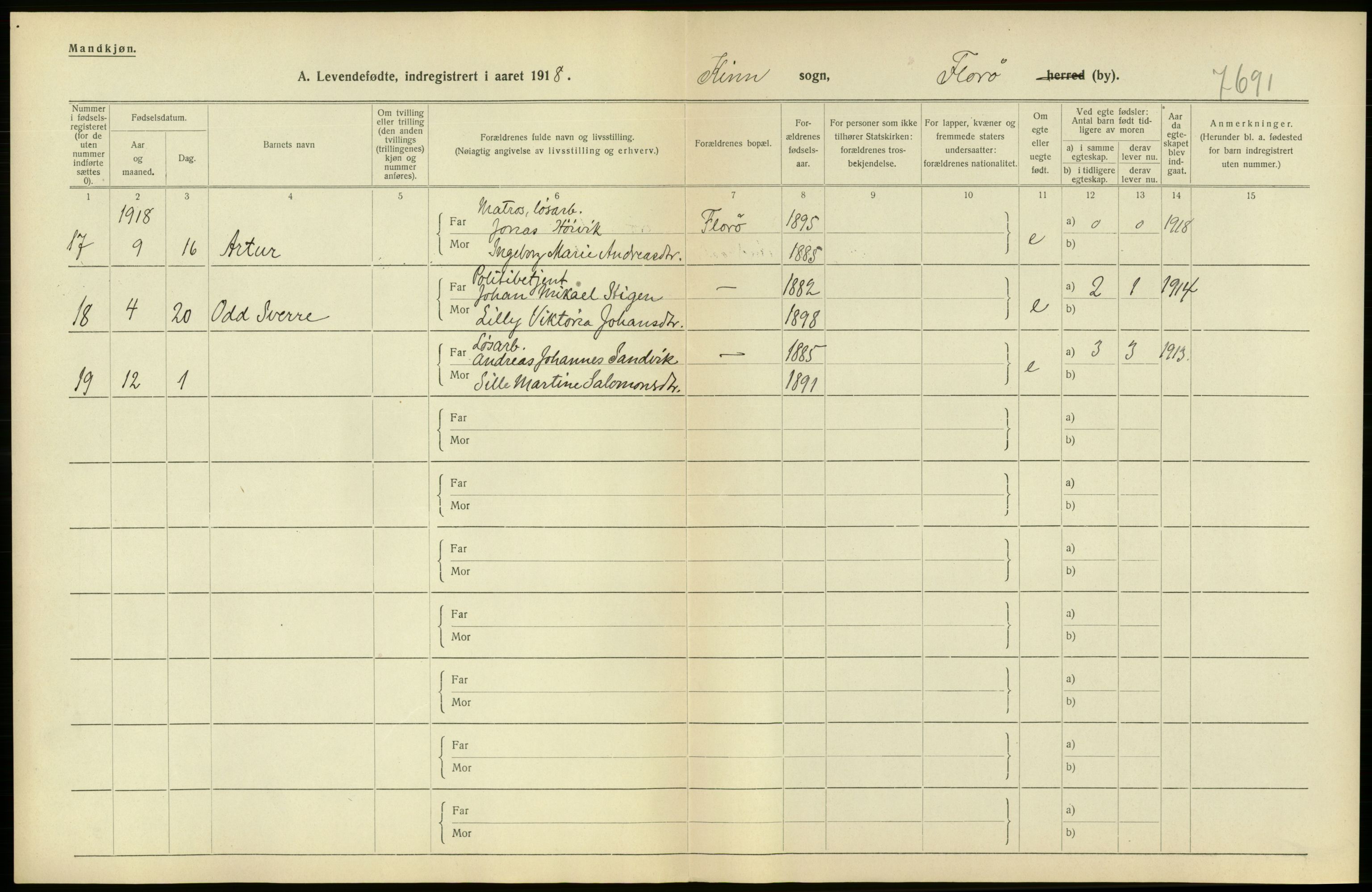 Statistisk sentralbyrå, Sosiodemografiske emner, Befolkning, AV/RA-S-2228/D/Df/Dfb/Dfbh/L0042: Florø by: Levendefødte menn og kvinner, gifte, døde, dødfødte., 1918, p. 10