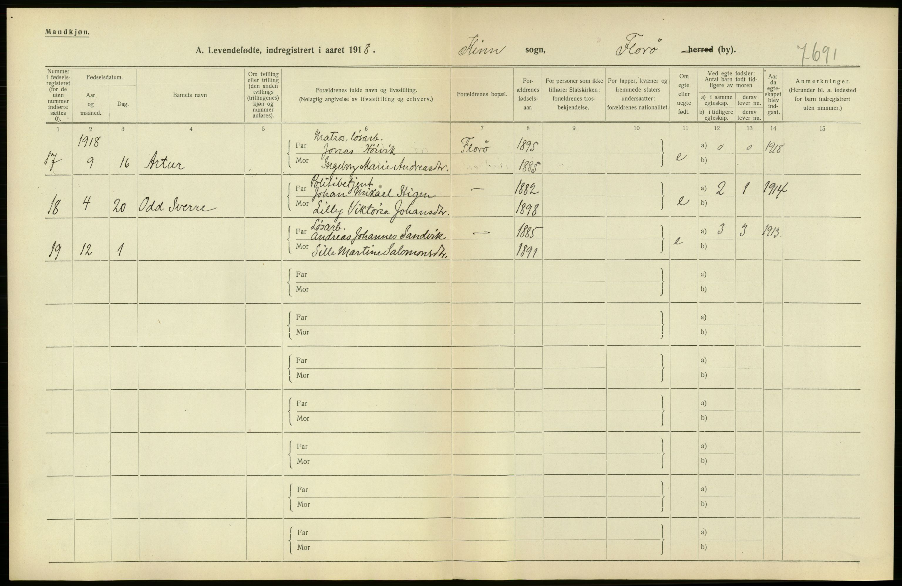 Statistisk sentralbyrå, Sosiodemografiske emner, Befolkning, RA/S-2228/D/Df/Dfb/Dfbh/L0042: Florø by: Levendefødte menn og kvinner, gifte, døde, dødfødte., 1918, p. 10