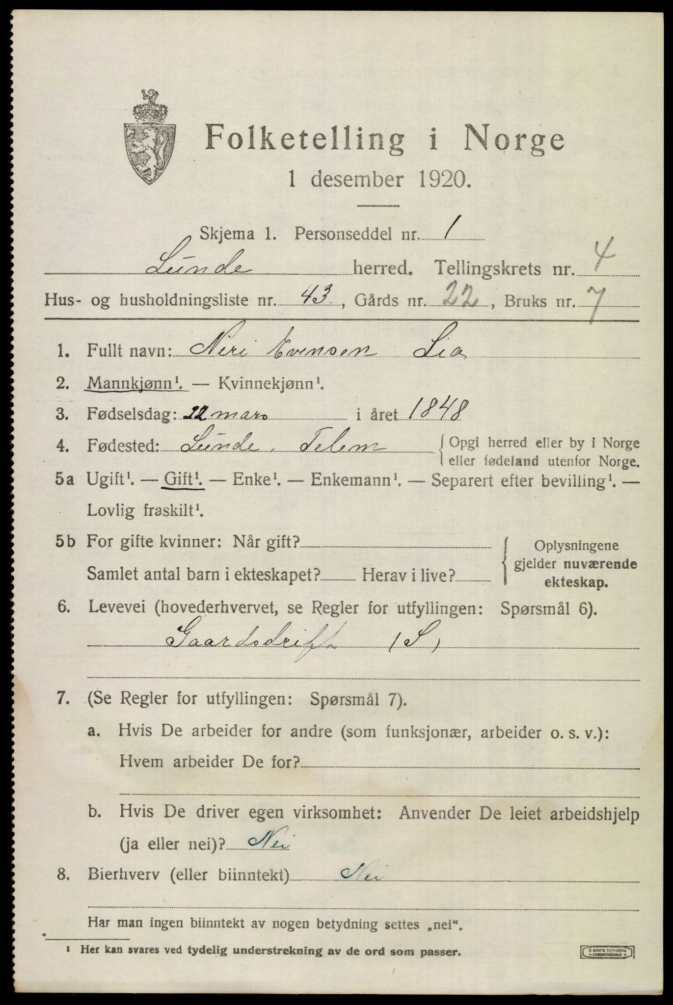 SAKO, 1920 census for Lunde, 1920, p. 3387