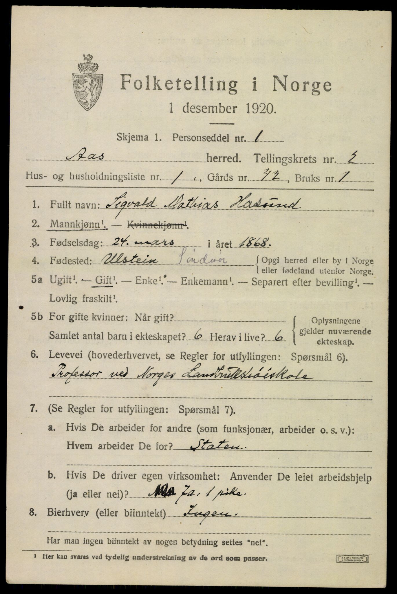 SAO, 1920 census for Ås, 1920, p. 2144