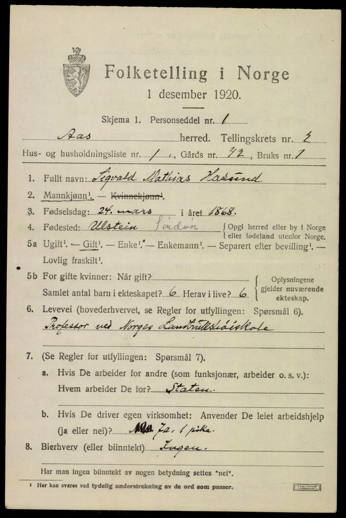 SAO, 1920 census for Ås, 1920, p. 2144