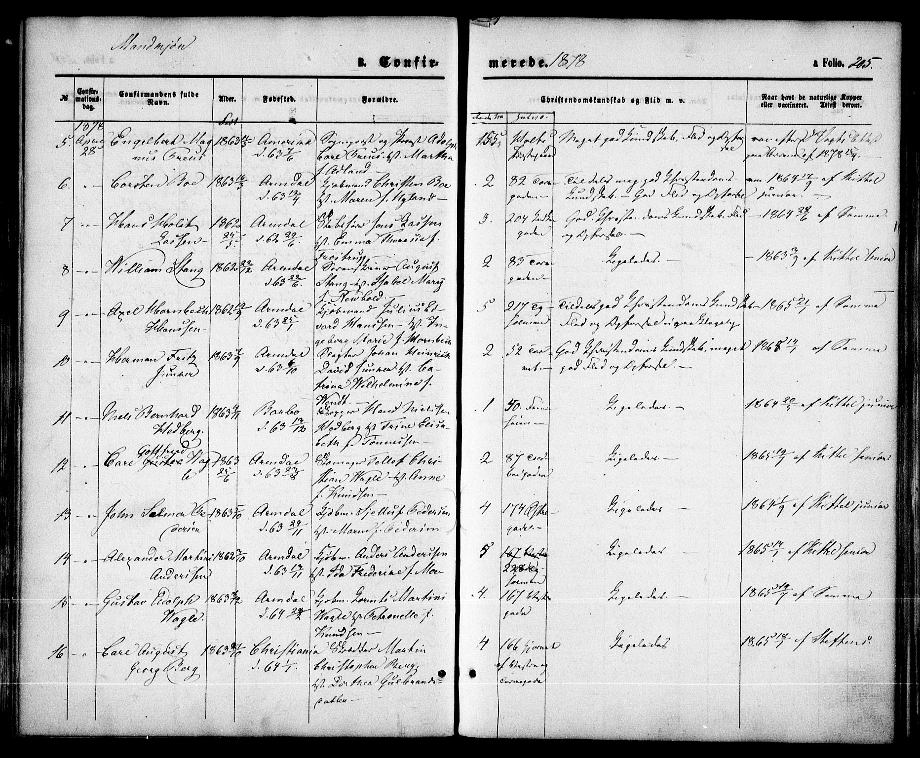 Arendal sokneprestkontor, Trefoldighet, SAK/1111-0040/F/Fa/L0007: Parish register (official) no. A 7, 1868-1878, p. 205