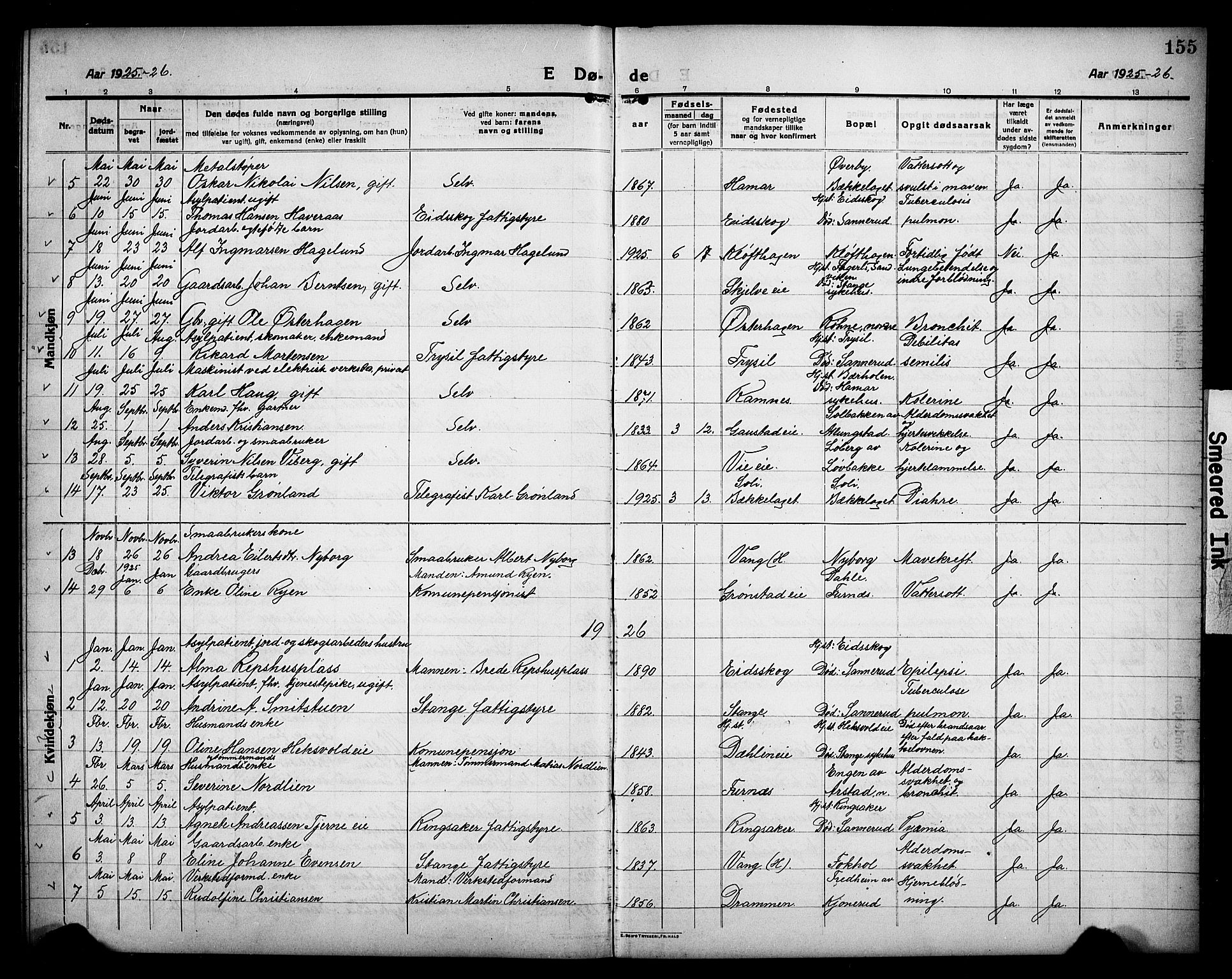 Stange prestekontor, AV/SAH-PREST-002/L/L0015: Parish register (copy) no. 15, 1916-1928, p. 155