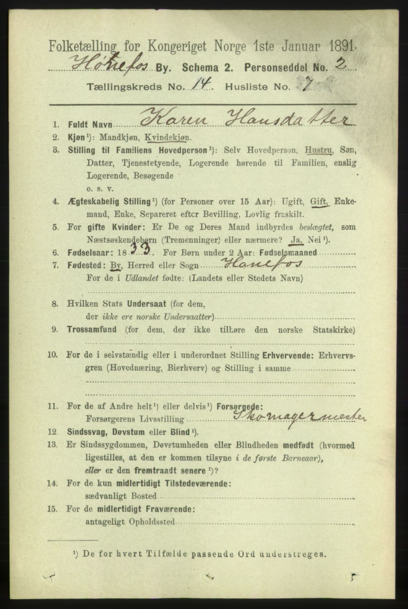 RA, 1891 census for 0601 Hønefoss, 1891, p. 1706